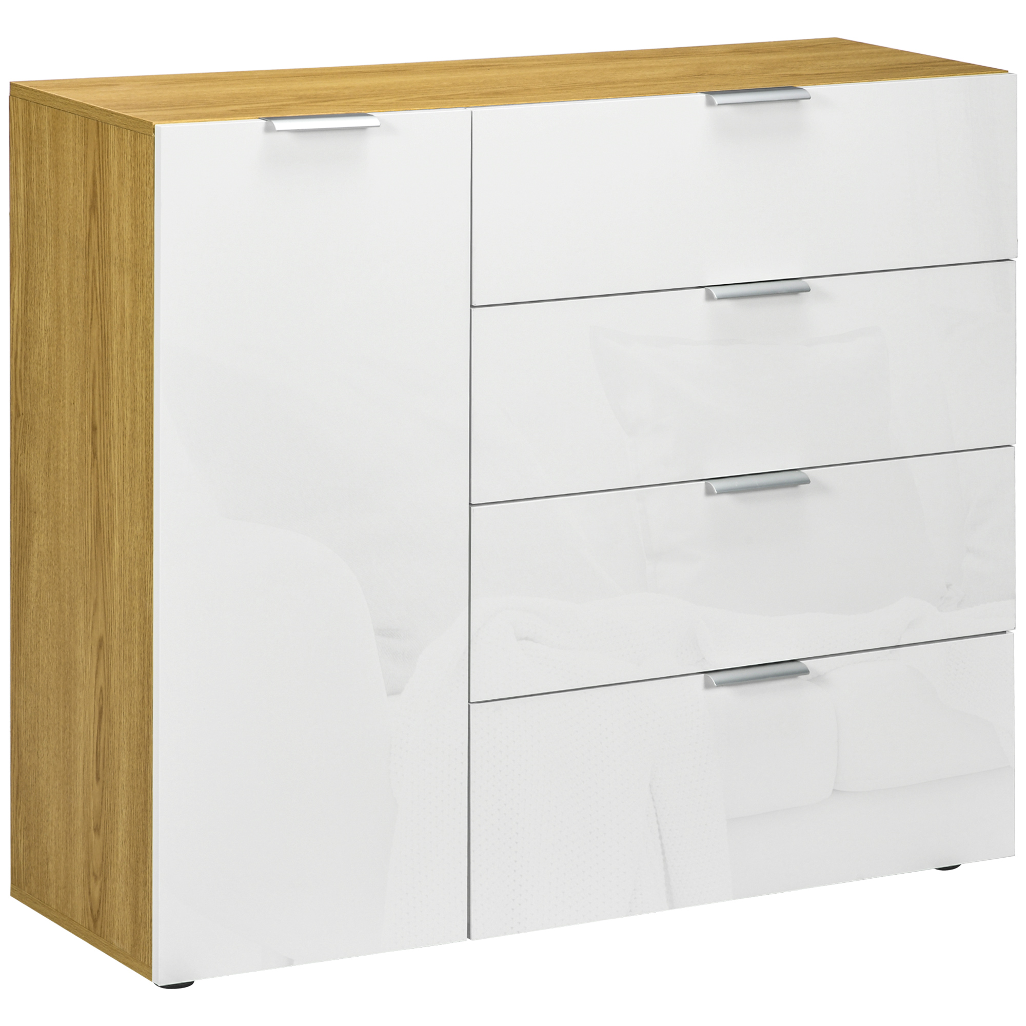 HOMCOM Dulap Multifuncțional 4 Sertare și Ușă cu Rafturi Ajustabile pentru Living și Dormitor, Design Modern, Alb și Natur | Aosom Romania HOMCOM Dulap Multifuncțional 4 Sertare și Ușă cu Rafturi Ajustabile pentru Living și Dormitor, Design Modern, Alb și Natur | Aosom Romania