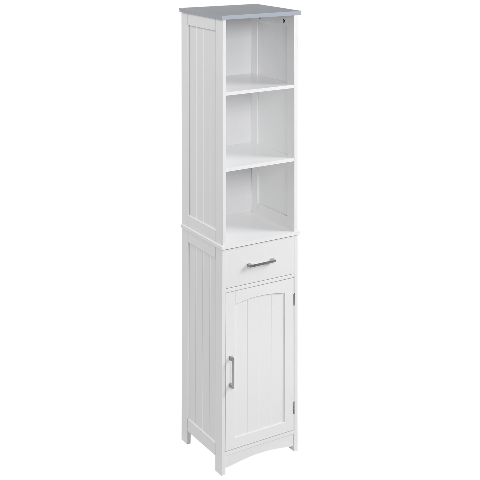 HOMCOM Dulapior de Baie cu Rafturi, 3 Nivele, Organizare Eficientă, MDF Lacuit, 34x30x163cm, Alb și Gri | Aosom Romania HOMCOM Dulapior de Baie cu Rafturi, 3 Nivele, Organizare Eficientă, MDF Lacuit, 34x30x163cm, Alb și Gri | Aosom Romania