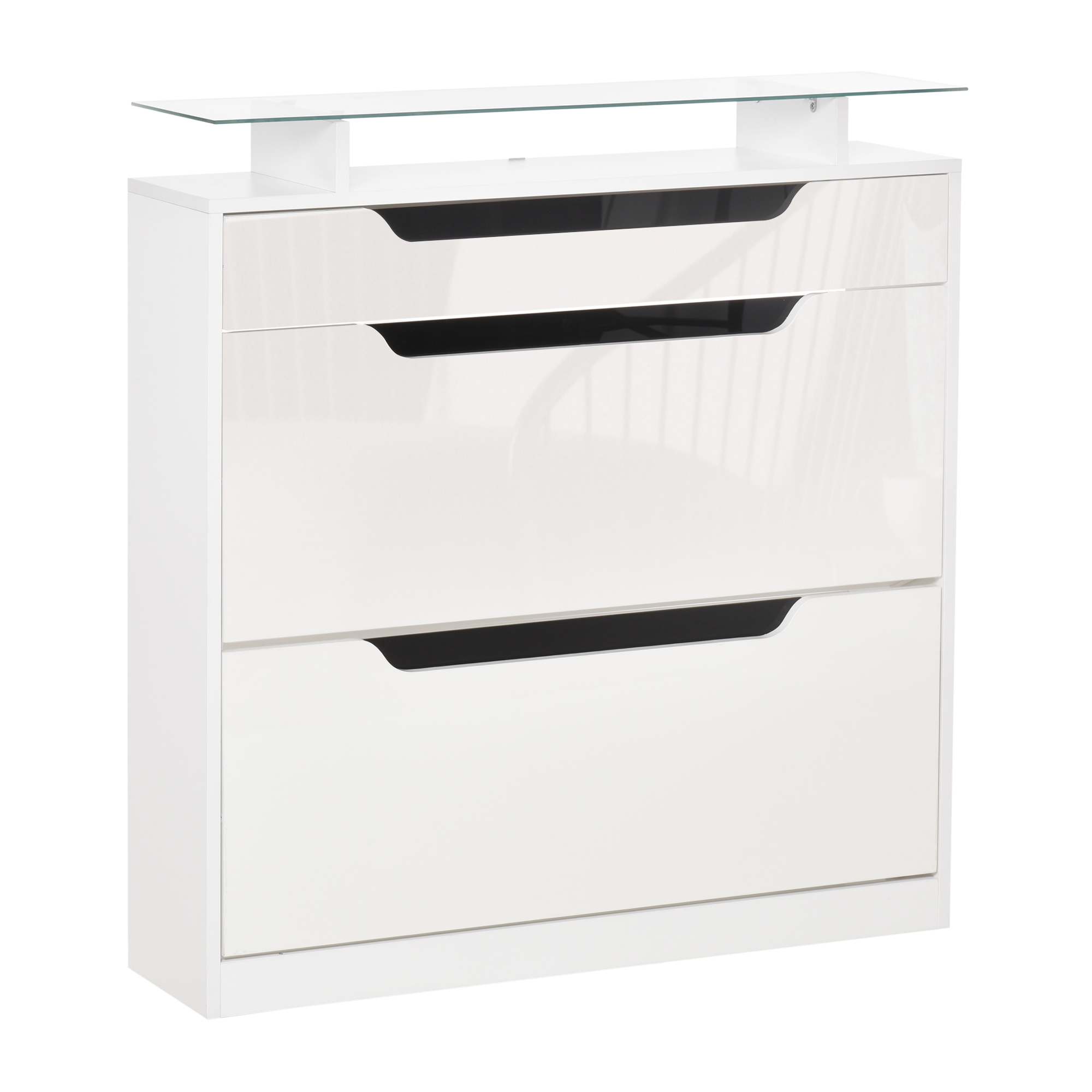 HOMCOM Dulapuri pentru pantofi Modern, 2 Sertare pentru 16 Perechi de Pantofi cu Etajera Reglabila si Raft din Sticla, 89x23x96cm, Alb Lucios HOMCOM Dulapuri pentru pantofi Modern, 2 Sertare pentru 16 Perechi de Pantofi cu Etajera Reglabila si Raft din Sticla, 89x23x96cm, Alb Lucios