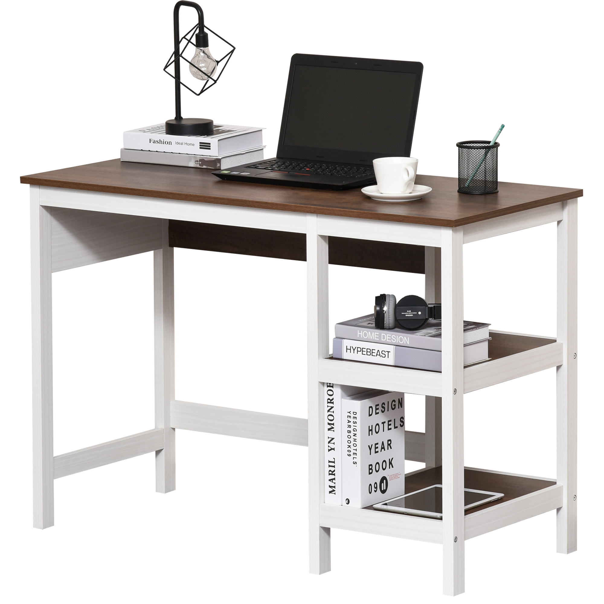 HOMCOM Masă de Lucru cu 2 Rafturi MDF Design Modern și Spațios 110x48x76.2cm Maro și Alb pentru Birou și Acasă | Aosom Romania HOMCOM Masă de Lucru cu 2 Rafturi MDF Design Modern și Spațios 110x48x76.2cm Maro și Alb pentru Birou și Acasă | Aosom Romania