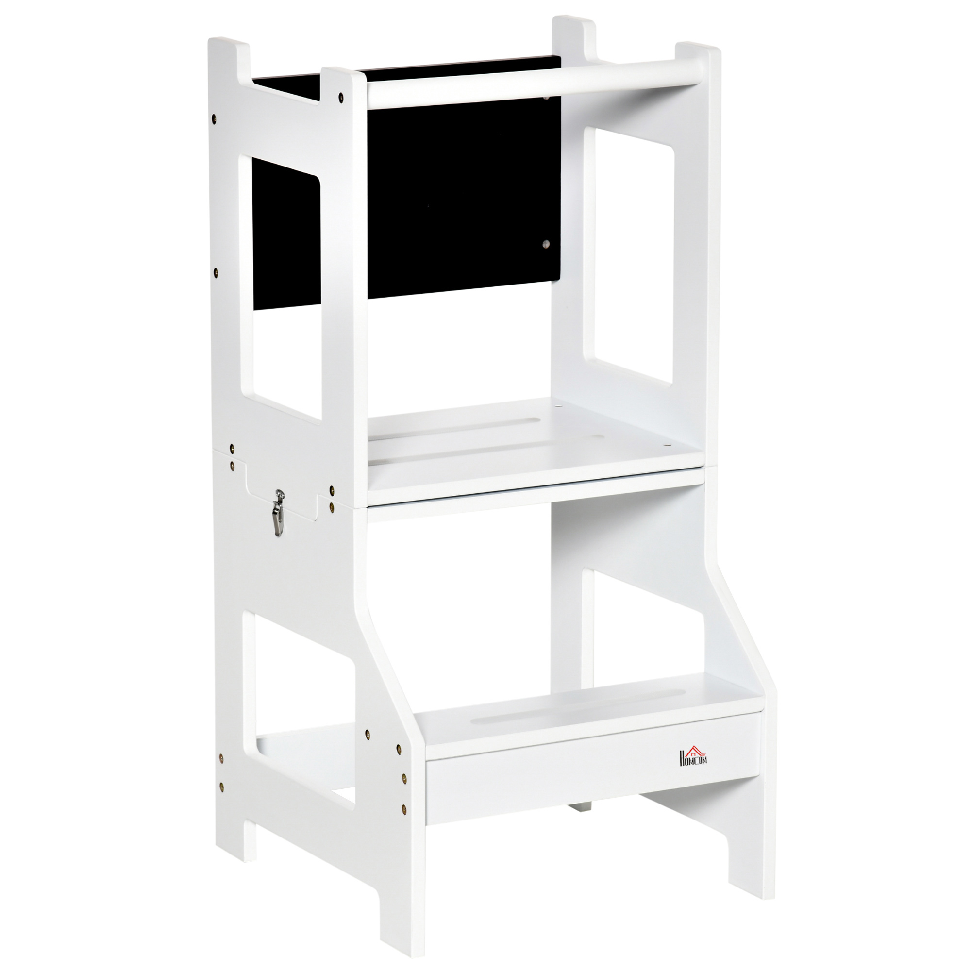 HOMCOM Scara Montessori 2 in 1 detasabila din MDF, pentru copii 3-6 ani, cu taburet, tabla, balustrada si balustrade incluse, alb HOMCOM Scara Montessori 2 in 1 detasabila din MDF, pentru copii 3-6 ani, cu taburet, tabla, balustrada si balustrade incluse, alb