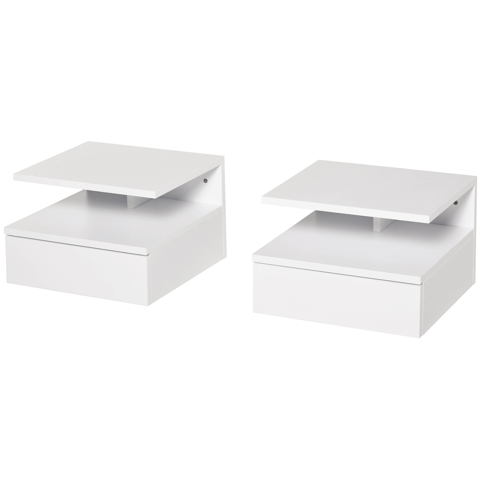HOMCOM Set de 2 Noptiere Suspendate Moderne pentru Dormitor cu Sertar și Poliță Superioară din Lemn, 35x32x22.5 cm, Alb | Aosom Romania HOMCOM Set de 2 Noptiere Suspendate Moderne pentru Dormitor cu Sertar și Poliță Superioară din Lemn, 35x32x22.5 cm, Alb | Aosom Romania