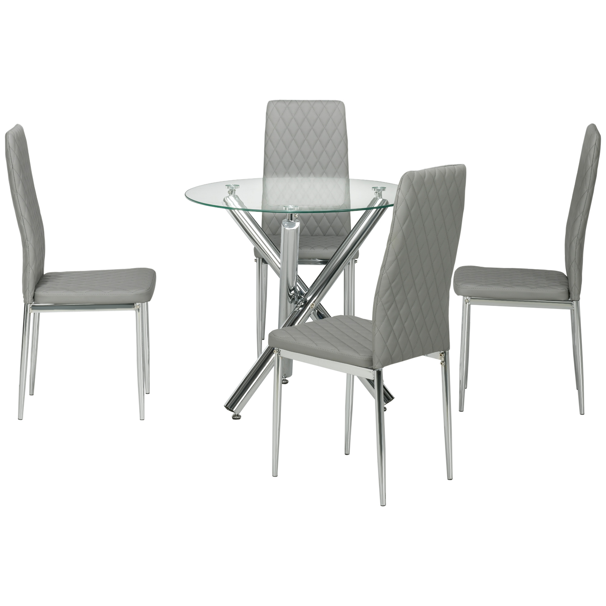 HOMCOM Set Mobilier Modern pentru Sufragerie, Masă Rotundă din Sticlă și 4 Scaune Elegante, Design Contemporan | Aosom Romania HOMCOM Set Mobilier Modern pentru Sufragerie, Masă Rotundă din Sticlă și 4 Scaune Elegante, Design Contemporan | Aosom Romania