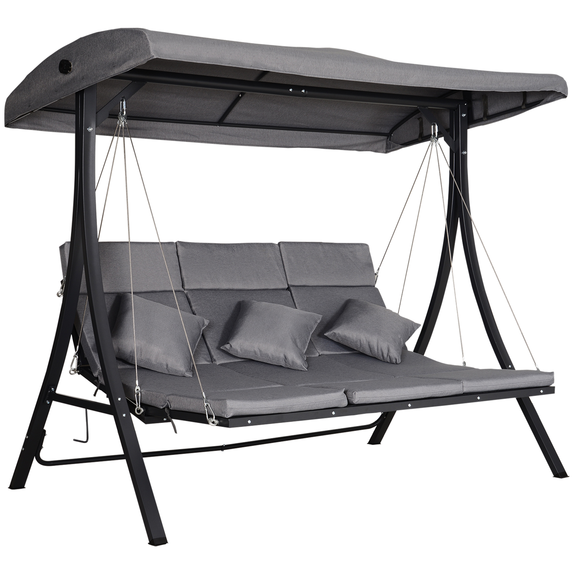 Outsunny Balansoar cu 3 scaune din material textil cu perne si acoperis reglabil gri 200 x 115 x 168 cm Outsunny Balansoar cu 3 scaune din material textil cu perne si acoperis reglabil gri 200 x 115 x 168 cm