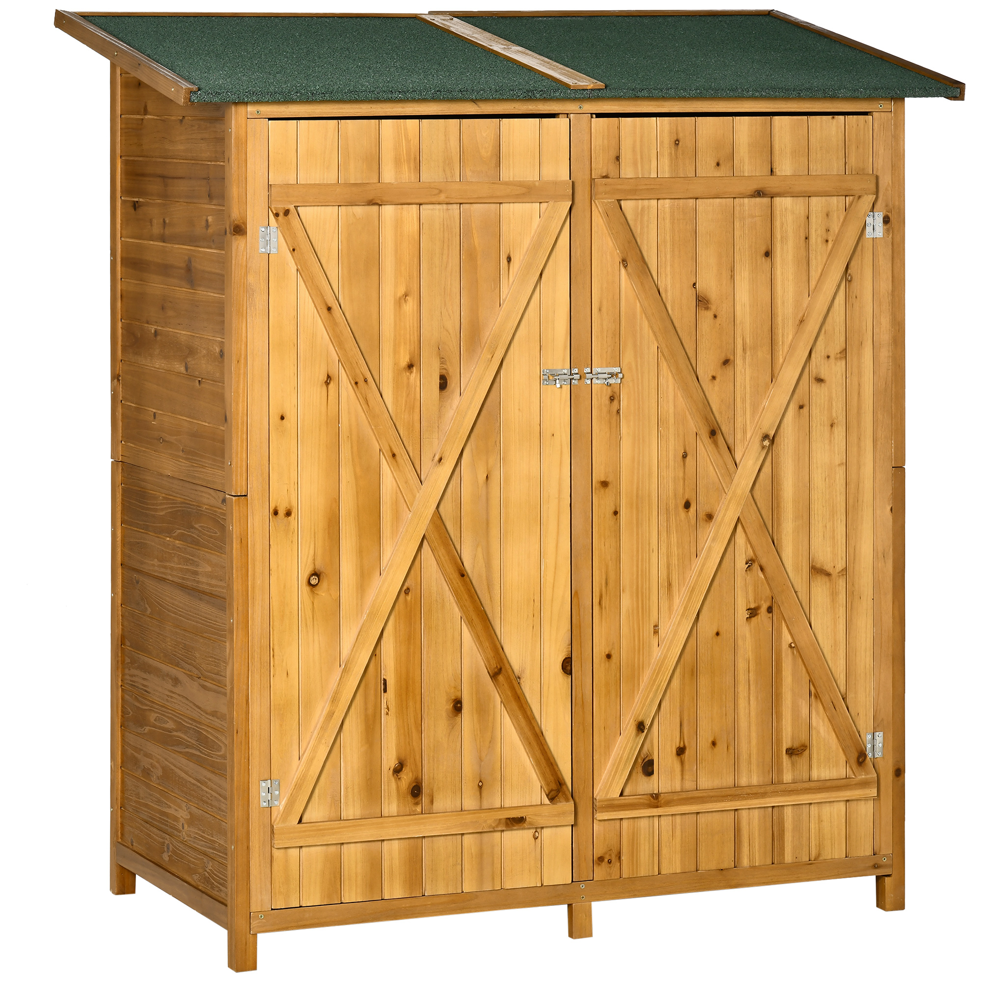 Outsunny Magazie de Gradina din Lemn cu 2 Usi cu Taburet Inalt cu 2 Rafturi si Acoperis Hidrofug, 140x75x157 cm Outsunny Magazie de Gradina din Lemn cu 2 Usi cu Taburet Inalt cu 2 Rafturi si Acoperis Hidrofug, 140x75x157 cm