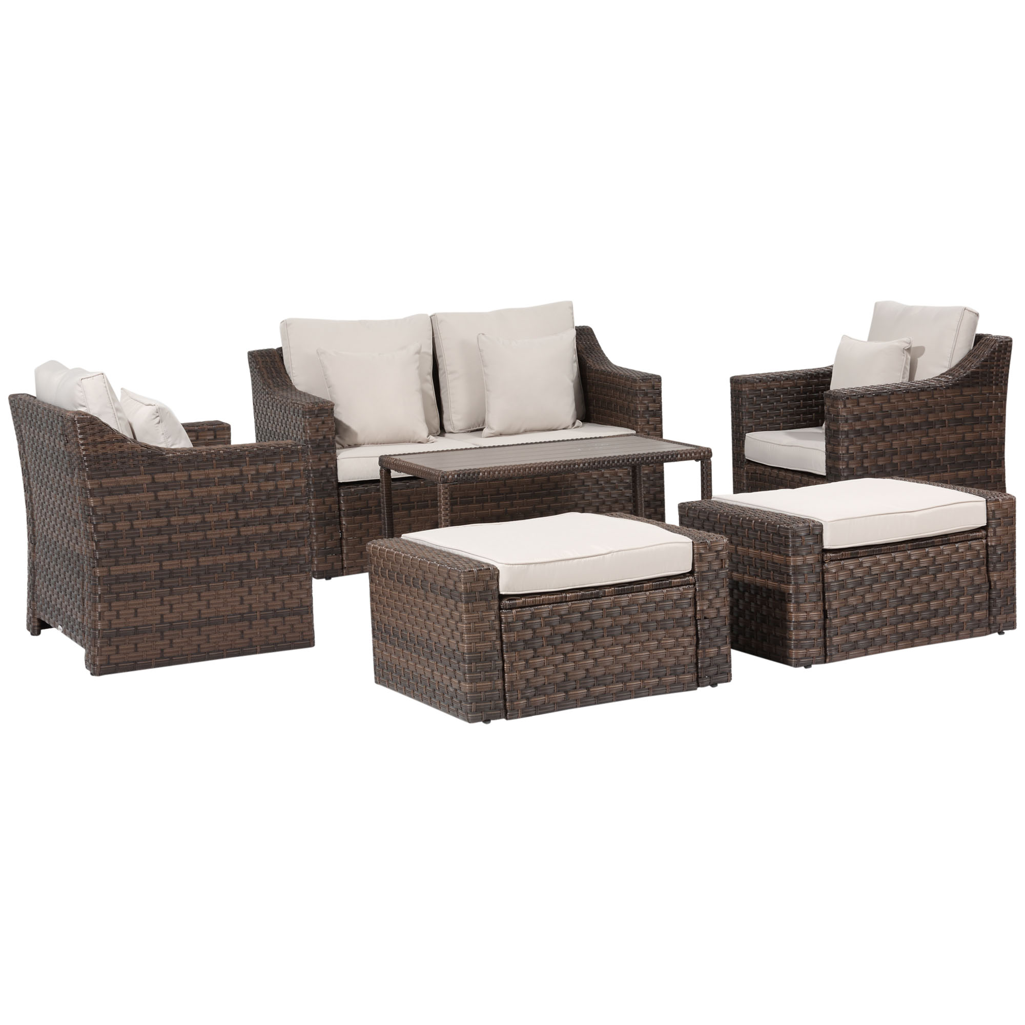 Outsunny Set Canapele pentru Exterior, 6 Piese, Ratan PE, Maro Mixt, Include Perne Moi, Perfect pentru Gradina sau Patio | Aosom Romania Outsunny Set Canapele pentru Exterior, 6 Piese, Ratan PE, Maro Mixt, Include Perne Moi, Perfect pentru Gradina sau Patio | Aosom Romania