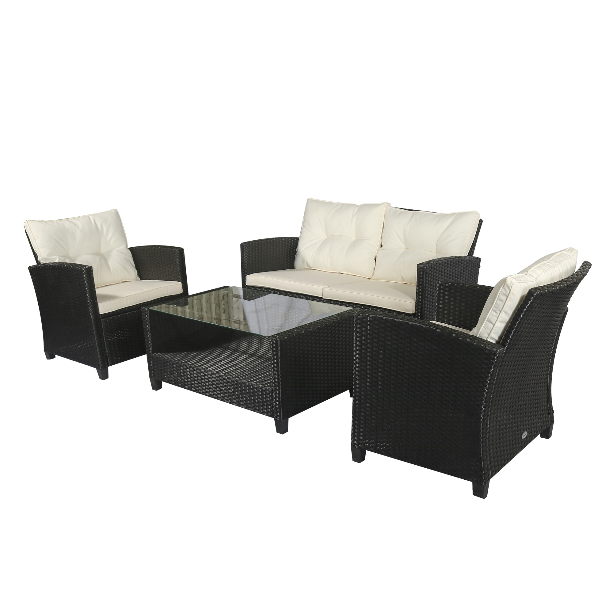 Outsunny Set Mobilier de Grădină 4 Piese, Canapea, Fotolii, Masă de Cafea, Ratan PE Negru și Bej, Design Contemporan | Aosom Romania Outsunny Set Mobilier de Grădină 4 Piese, Canapea, Fotolii, Masă de Cafea, Ratan PE Negru și Bej, Design Contemporan | Aosom Romania