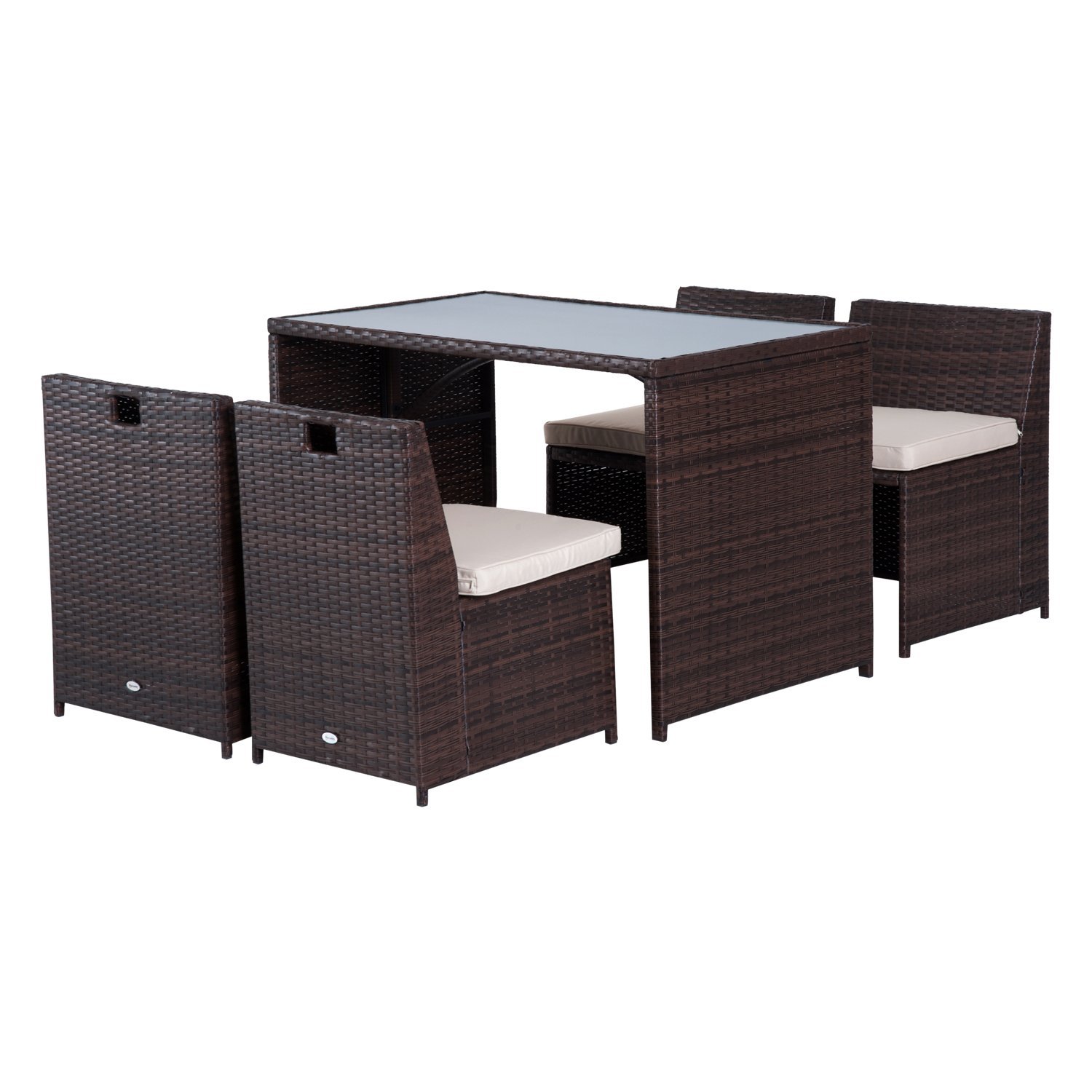 Outsunny Set Mobilier Grădină Ratan 5 Piese, Masă Prânz, 4 Scaune Terasă, Perne Incluse, Maro | Aosom Romania Outsunny Set Mobilier Grădină Ratan 5 Piese, Masă Prânz, 4 Scaune Terasă, Perne Incluse, Maro | Aosom Romania