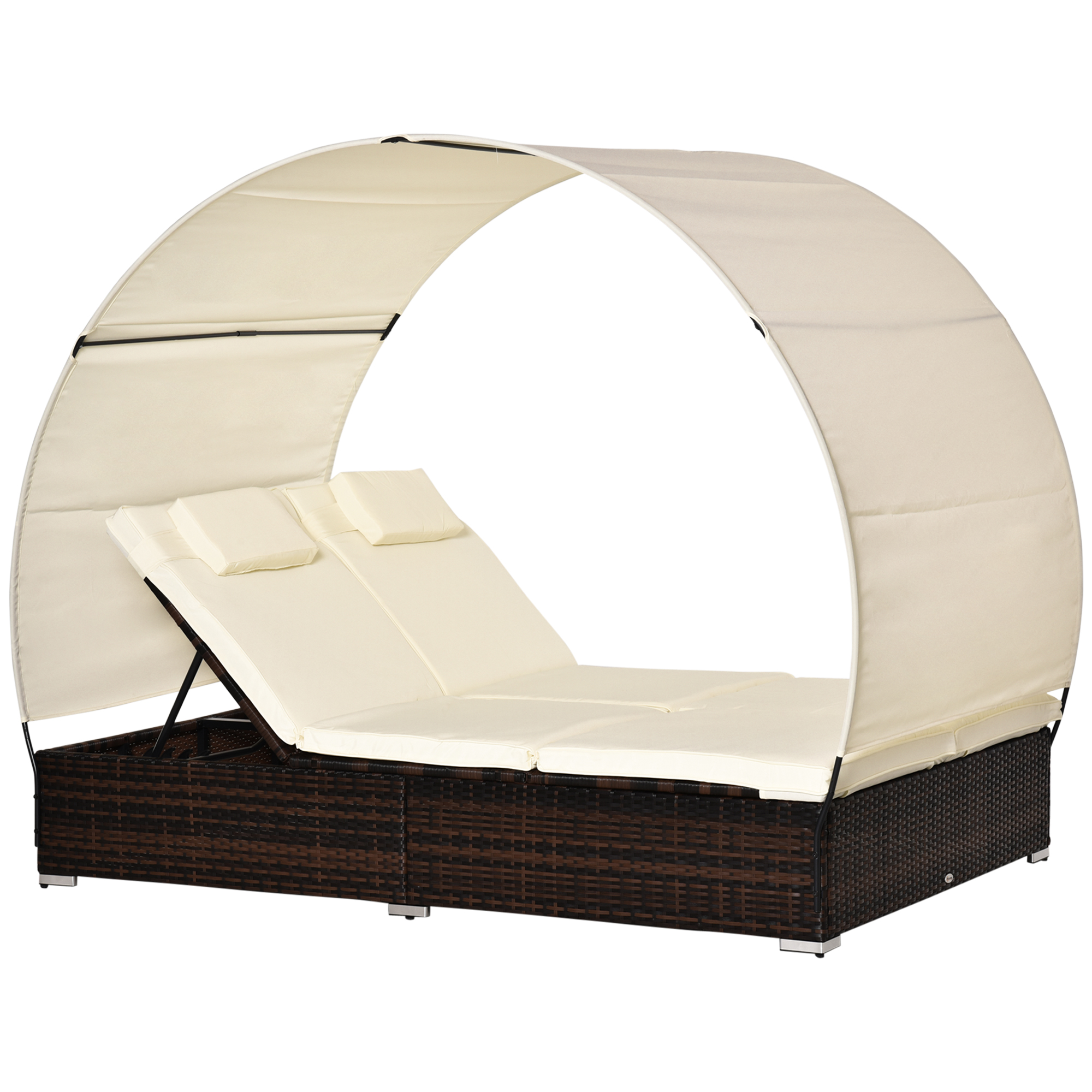 Outsunny Set Mobilier Lux Sezlong Gradina in Ratan PE cu acoperis Dublu Saltea si Spatar Recliner, 196x137x36.5acm Crem | Aosom.ro Outsunny Set Mobilier Lux Sezlong Gradina in Ratan PE cu acoperis Dublu Saltea si Spatar Recliner, 196x137x36.5acm Crem | Aosom.ro