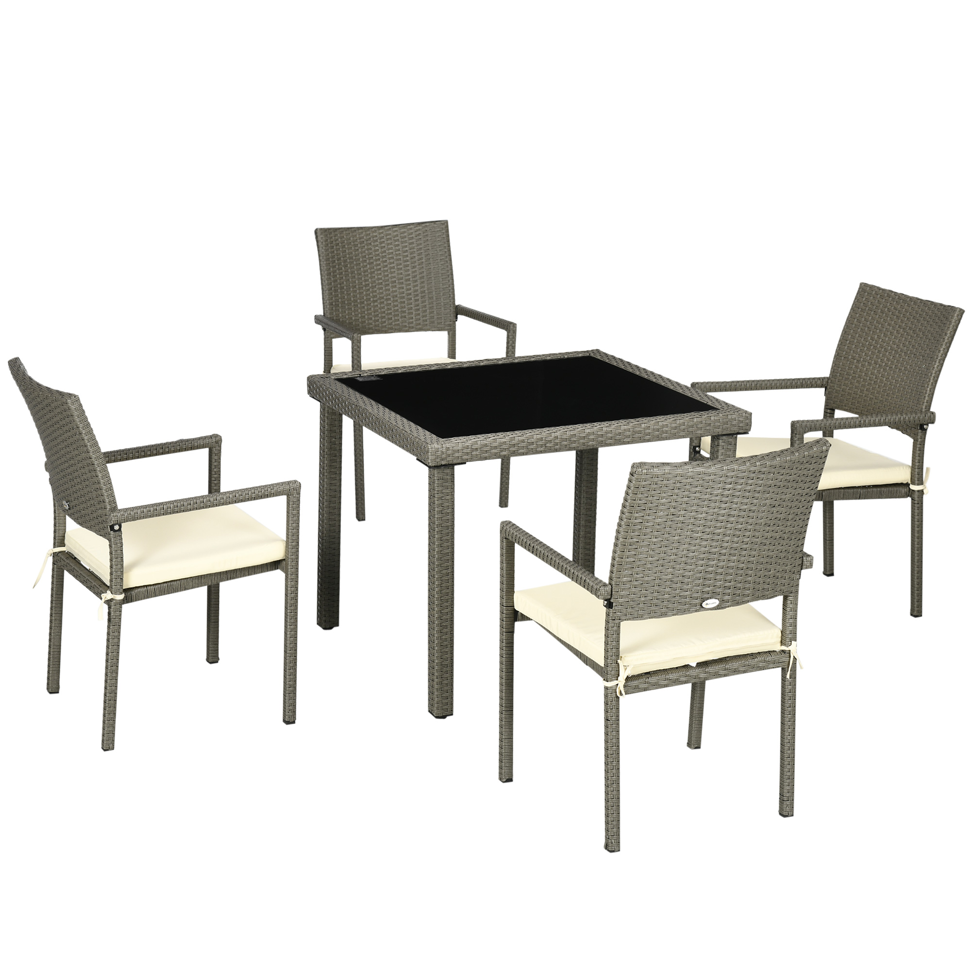 Outsunny Set Mobilier pentru Patio din Ratan PE, 5 Piese, Masă cu Blat de Sticlă și 4 Scaune cu Perne Moi, Gri | Aosom Romania Outsunny Set Mobilier pentru Patio din Ratan PE, 5 Piese, Masă cu Blat de Sticlă și 4 Scaune cu Perne Moi, Gri | Aosom Romania