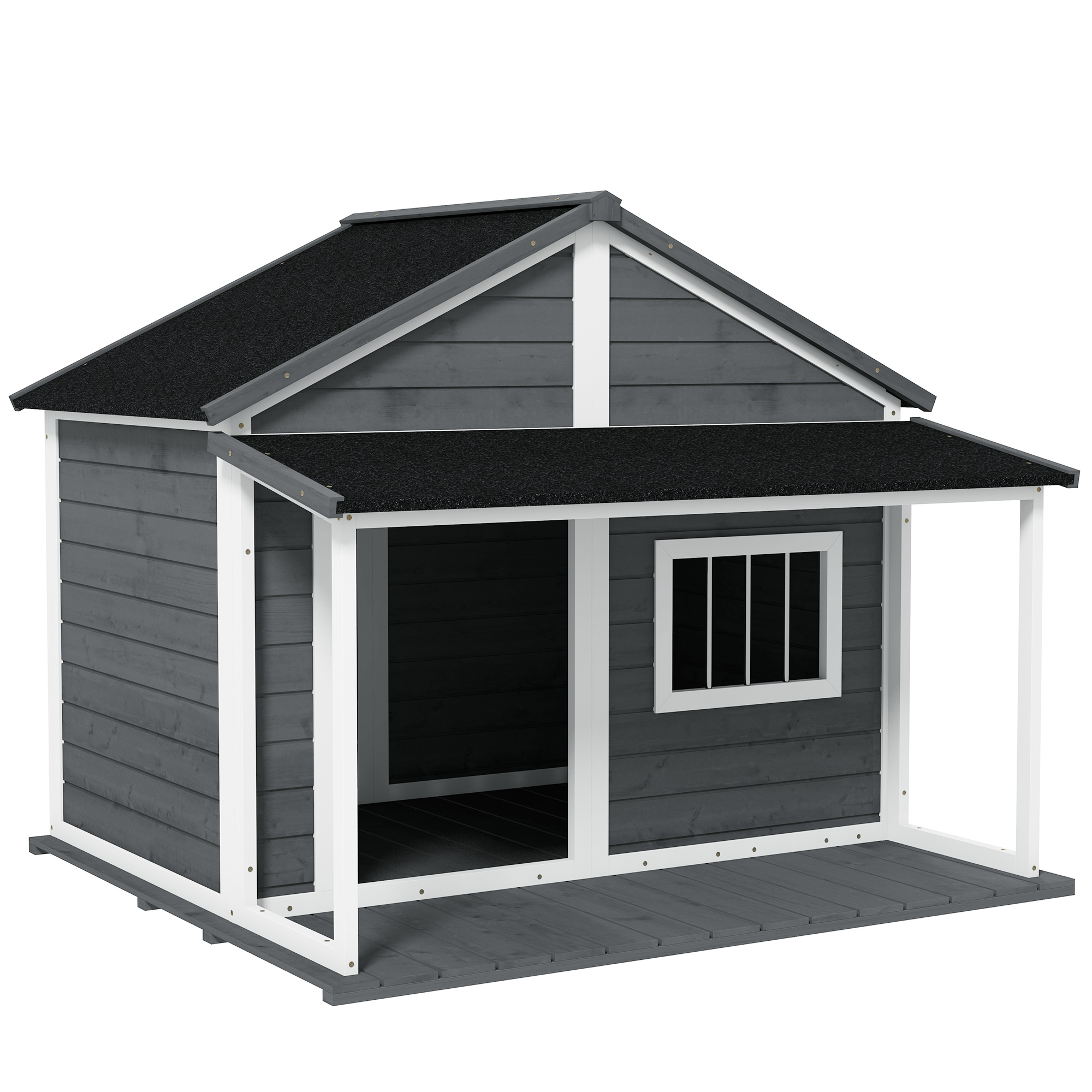 PawHut Casuță din Lemn de Exterior pentru Câini, Cușcă pentru Câini cu Terasă, Fereastră și Acoperiș Impermeabil, 124x112x105 cm, Gri | Aosom Romania PawHut Casuță din Lemn de Exterior pentru Câini, Cușcă pentru Câini cu Terasă, Fereastră și Acoperiș Impermeabil, 124x112x105 cm, Gri | Aosom Romania