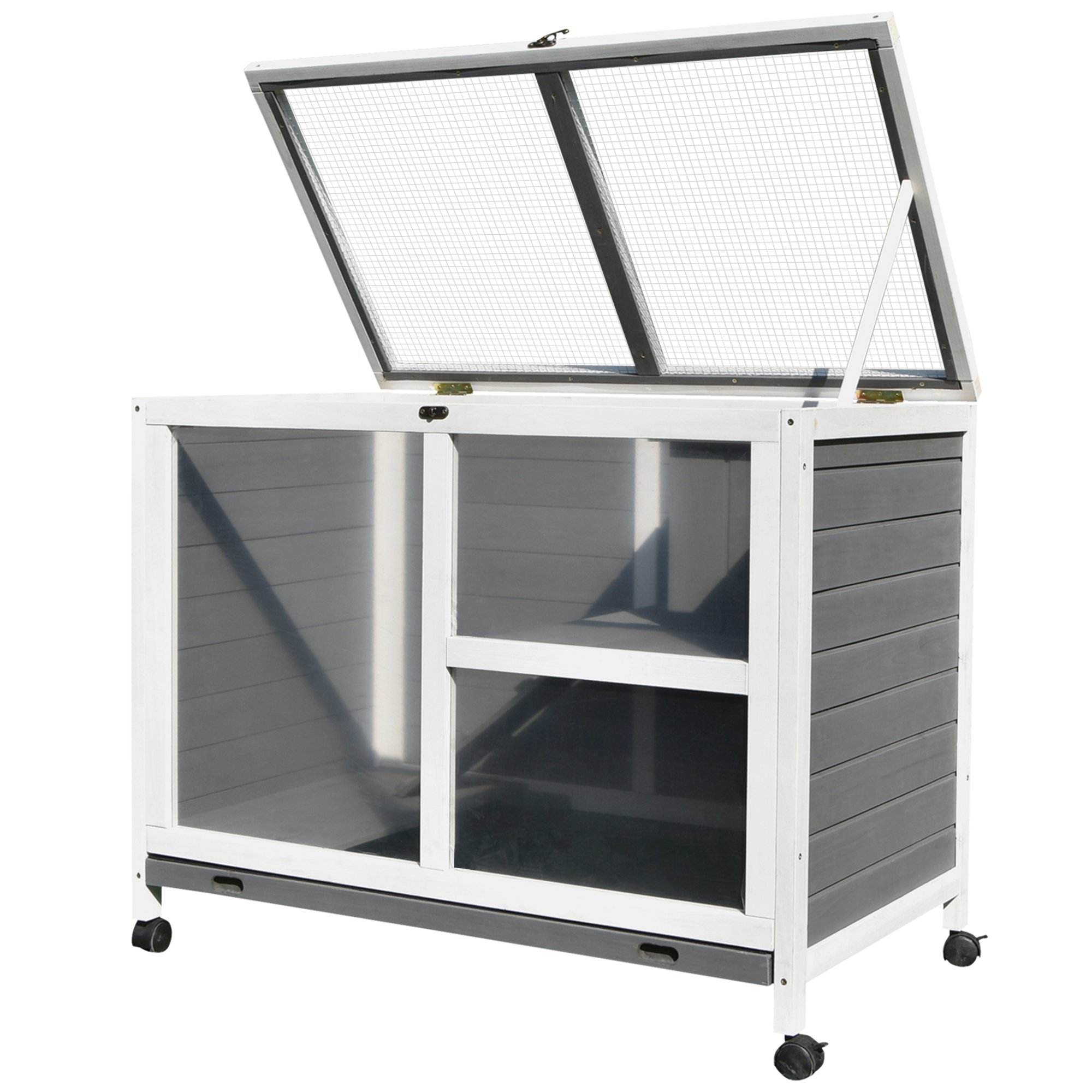 PawHut Cusca Iepuri Lemn 2 Niveluri Spațiu Confortabil 91.5x53.3x73cm Gri | Aosom Romania PawHut Cusca Iepuri Lemn 2 Niveluri Spațiu Confortabil 91.5x53.3x73cm Gri | Aosom Romania
