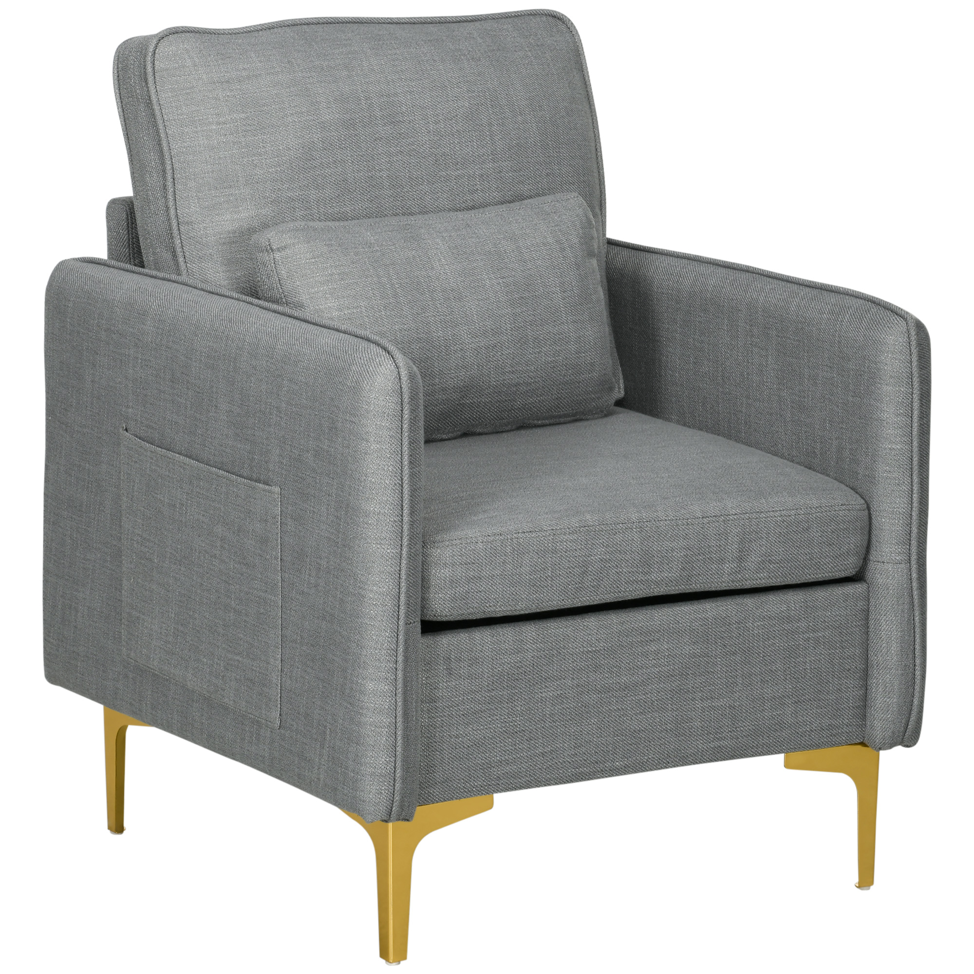 Scaun Decorativ HOMCOM din Stofa, Fotoliu Modern cu 4 Picioare din Otel, 2 Buzunare Laterale, Captuseala Groasa, Gri | Aosom RO Scaun Decorativ HOMCOM din Stofa, Fotoliu Modern cu 4 Picioare din Otel, 2 Buzunare Laterale, Captuseala Groasa, Gri | Aosom RO