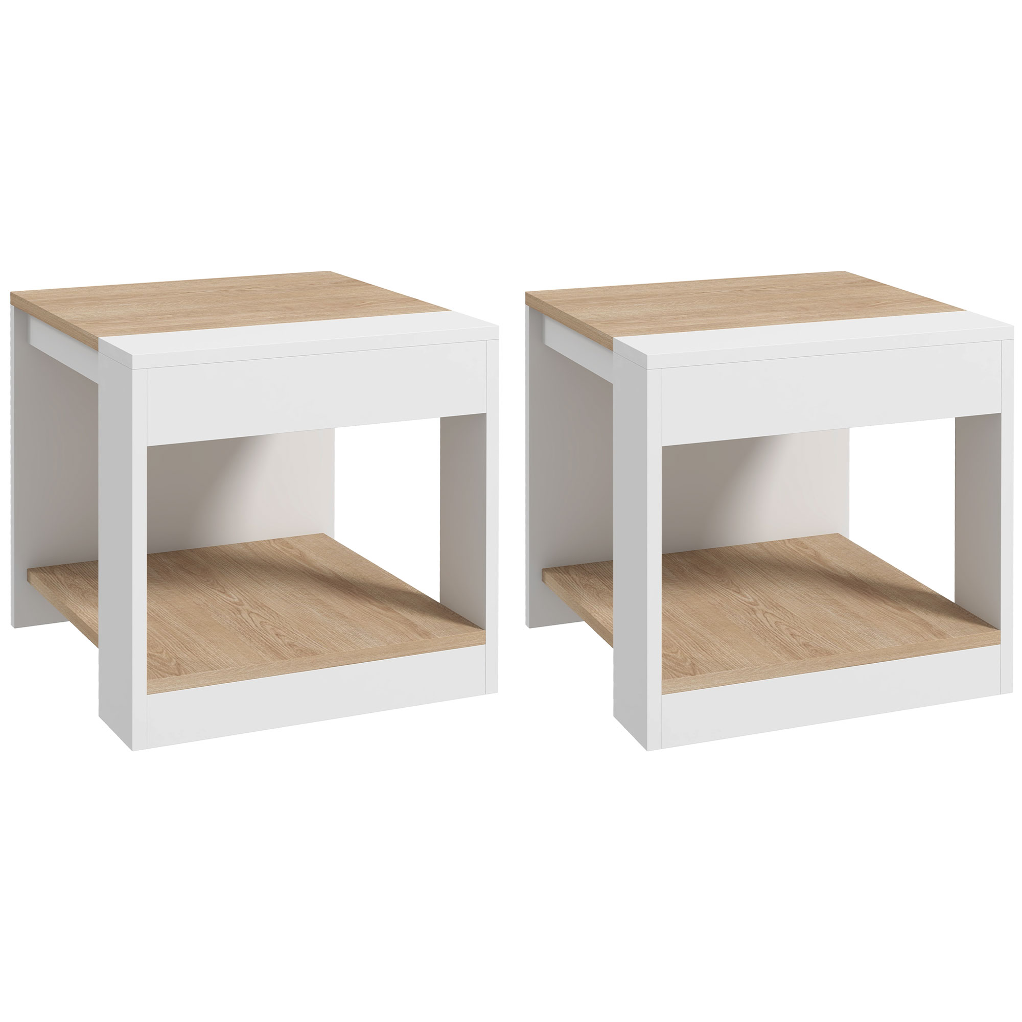 Set de 2 Masute pentru Living cu Design pe Doua Niveluri din PAL, 40x40x45cm, Alb si Stejar HOMCOM | Aosom RO Set de 2 Masute pentru Living cu Design pe Doua Niveluri din PAL, 40x40x45cm, Alb si Stejar HOMCOM | Aosom RO