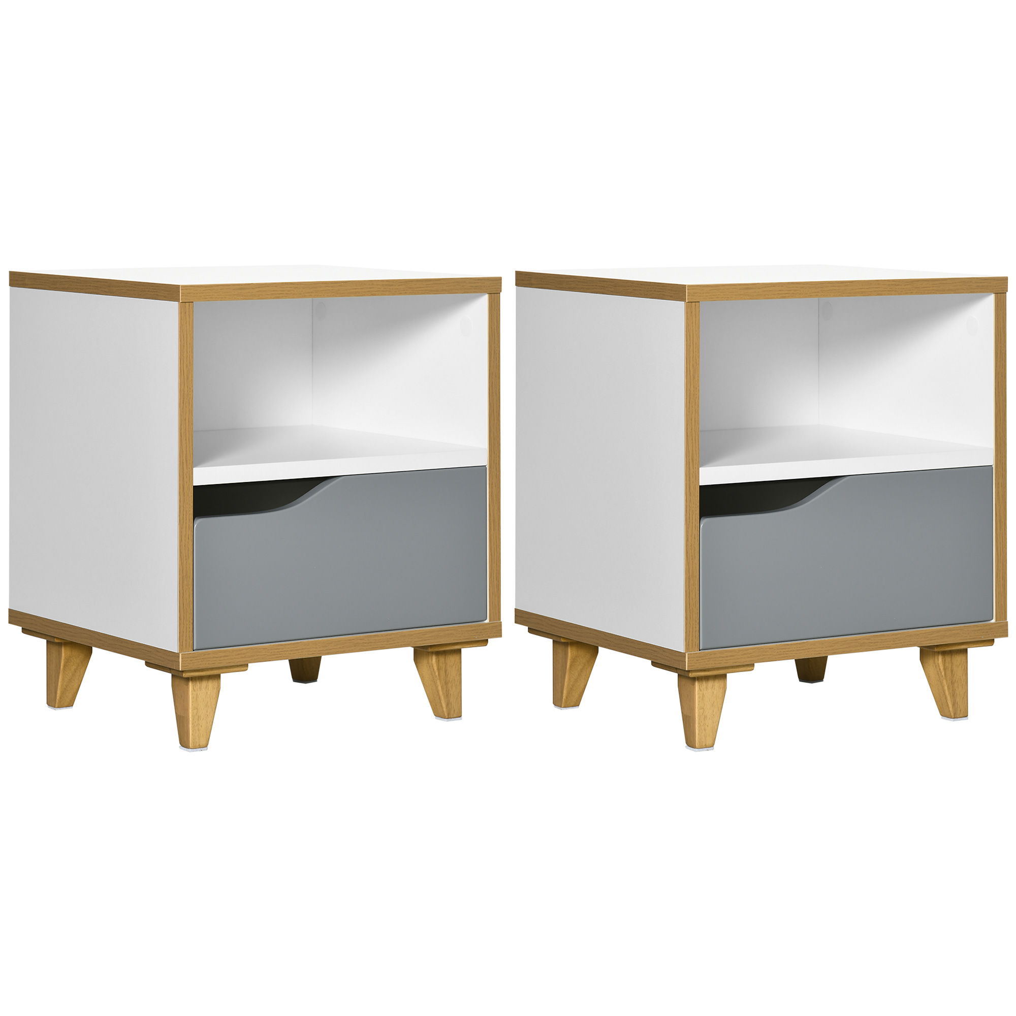 Set de 2 Noptiere Moderne HOMCOM cu Sertar și Raft din Lemn MDF 36,8x33x43,8cm Alb și Gri | Aosom Romania Set de 2 Noptiere Moderne HOMCOM cu Sertar și Raft din Lemn MDF 36,8x33x43,8cm Alb și Gri | Aosom Romania