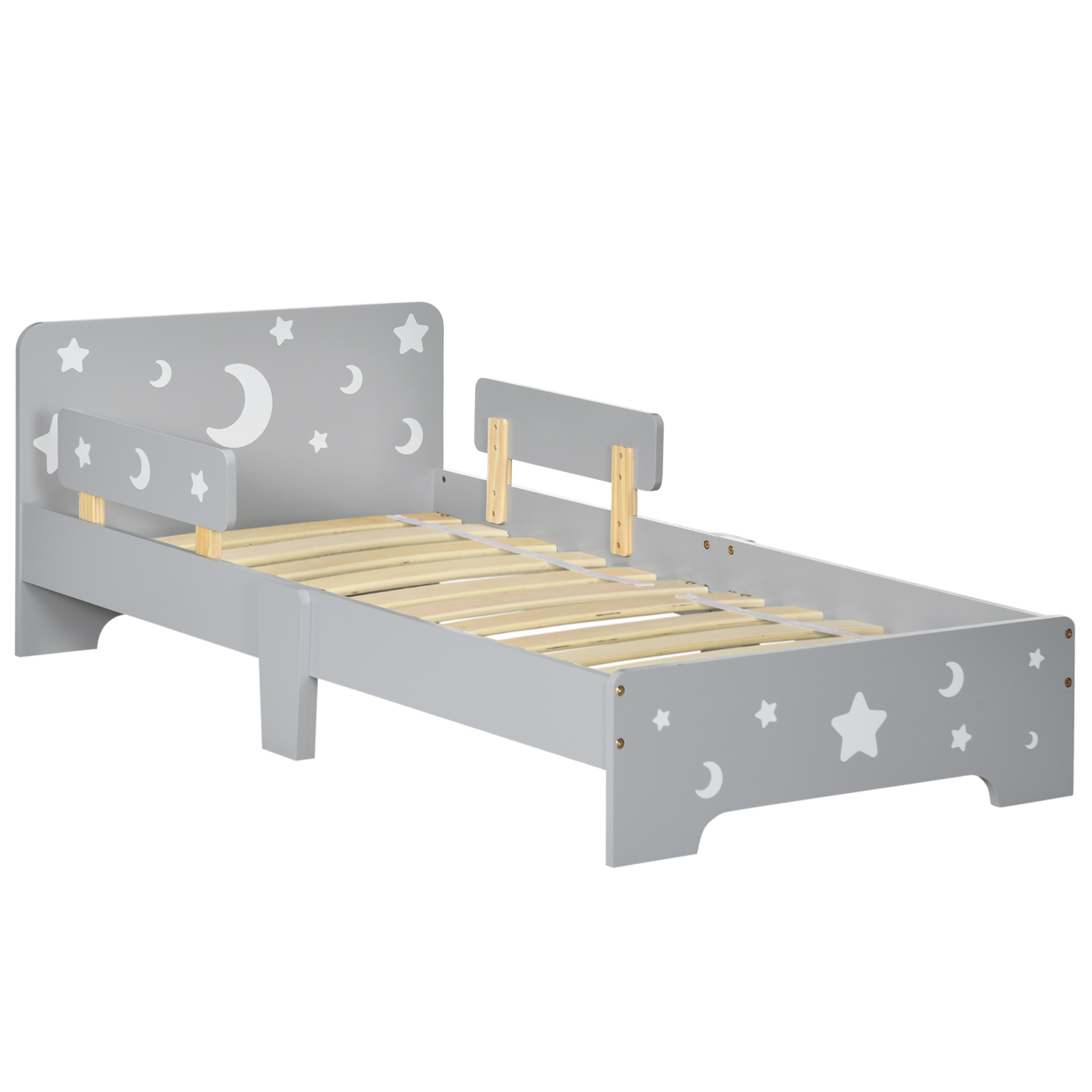 ZONEKIZ Pat pentru copii 3-6 ani cu stele si luna din MDF si PAL, 143x76x49 cm, culoare gri si lemn ZONEKIZ Pat pentru copii 3-6 ani cu stele si luna din MDF si PAL, 143x76x49 cm, culoare gri si lemn