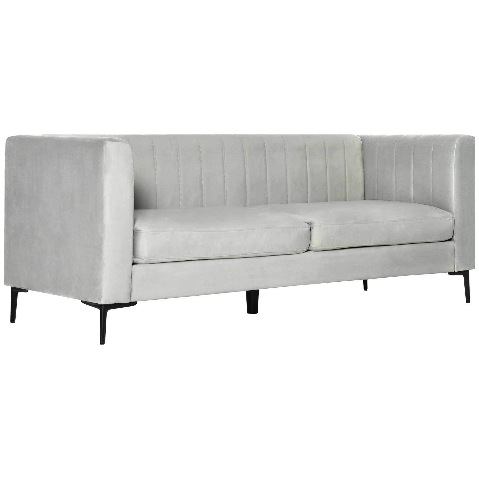 Canapea HOMCOM 3 Locuri, Catifea Gri, Modernă, Tapitată, cu 5 Picioare și Lamele, pentru Sufragerie, 199x72x75cm | Aosom Romania Canapea HOMCOM 3 Locuri, Catifea Gri, Modernă, Tapitată, cu 5 Picioare și Lamele, pentru Sufragerie, 199x72x75cm | Aosom Romania