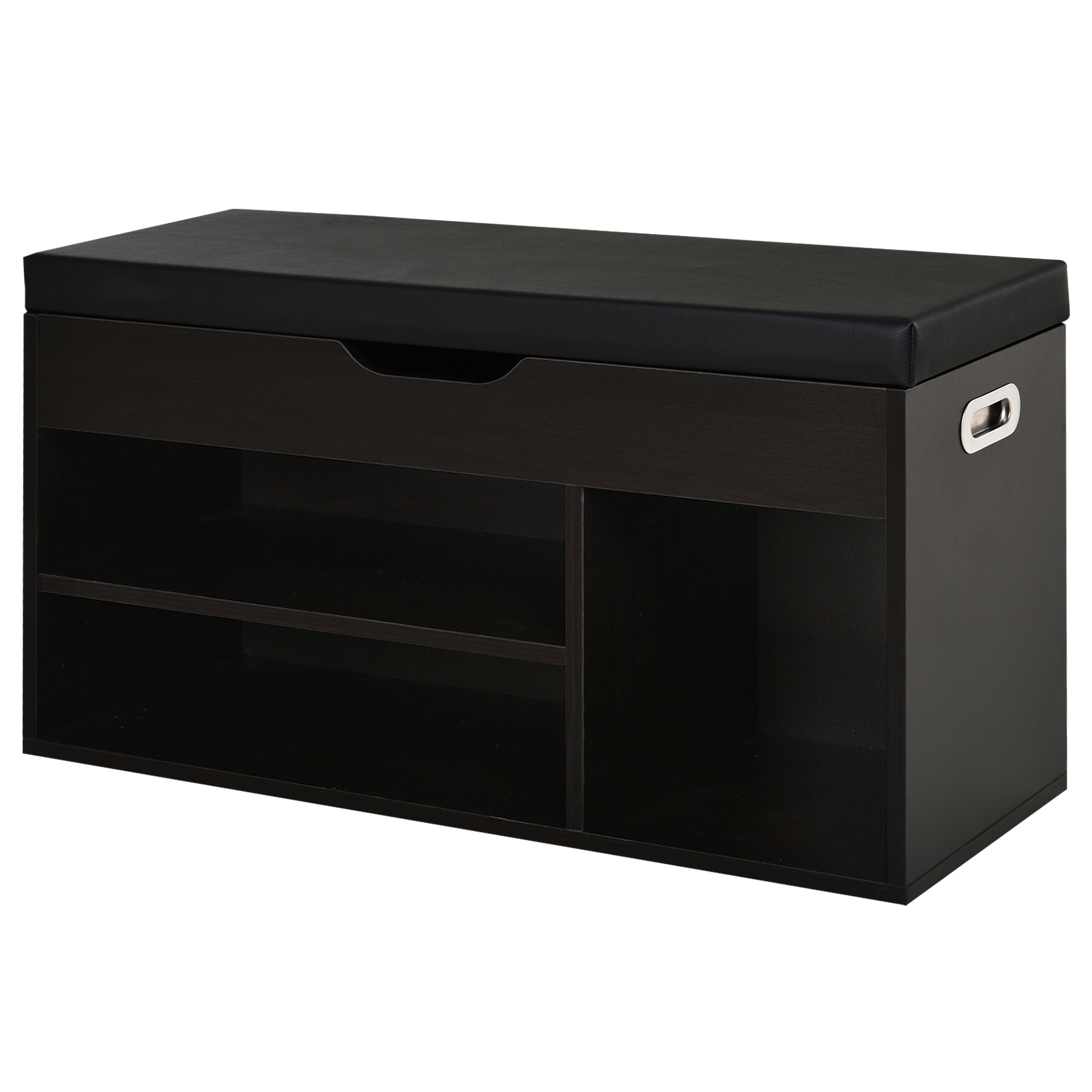 Dulap pentru Patofi care Economisete Spatiu cu Banca de Depozitare Capitonata si Compartimente Deschise 80x30x45cm, Negru HOMCOM | Aosom RO Dulap pentru Patofi care Economisete Spatiu cu Banca de Depozitare Capitonata si Compartimente Deschise 80x30x45cm, Negru HOMCOM | Aosom RO
