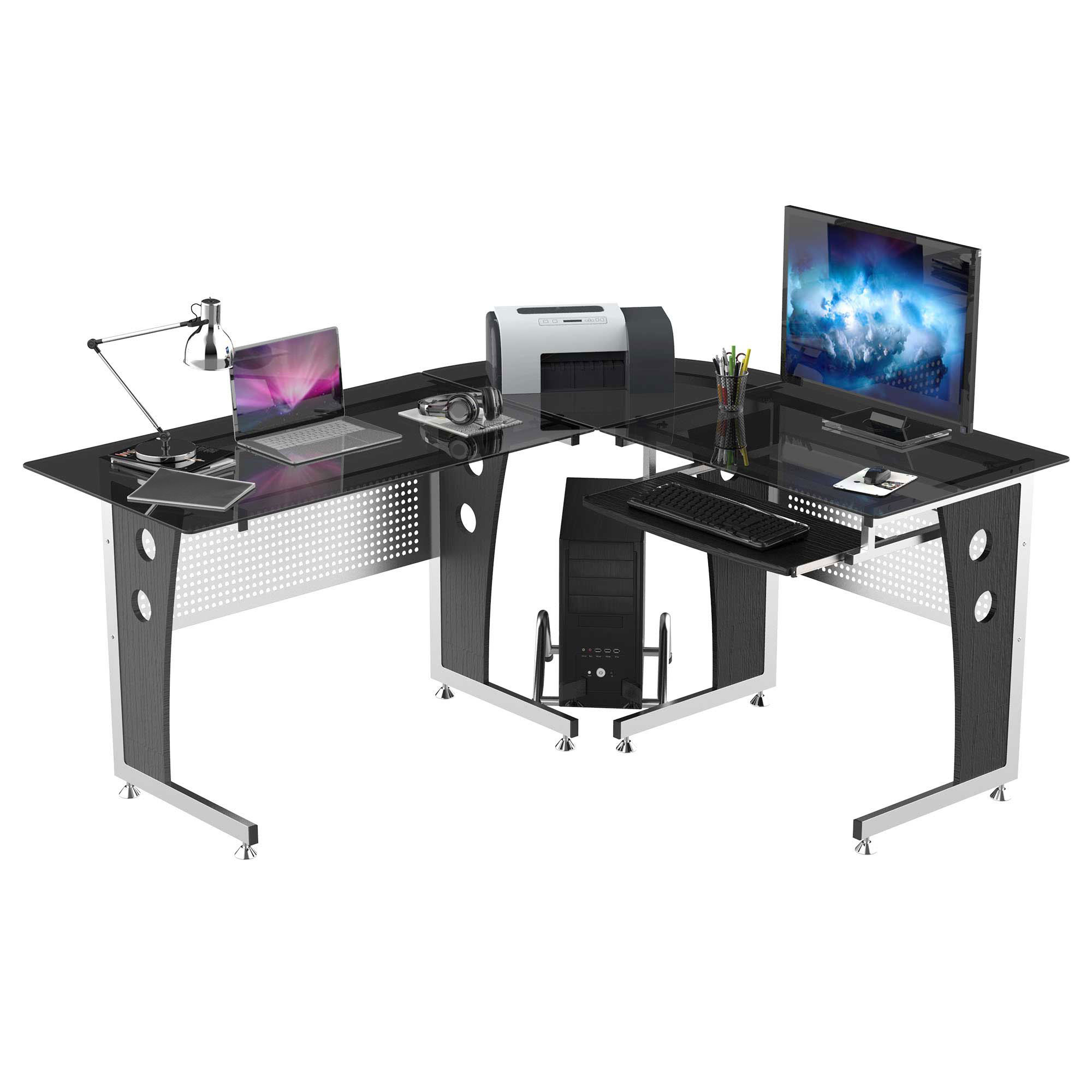 HOMCOM Birou de Colț Modern din MDF Metal și Sticlă, Design Ergonomic, Negru | Aosom Romania HOMCOM Birou de Colț Modern din MDF Metal și Sticlă, Design Ergonomic, Negru | Aosom Romania