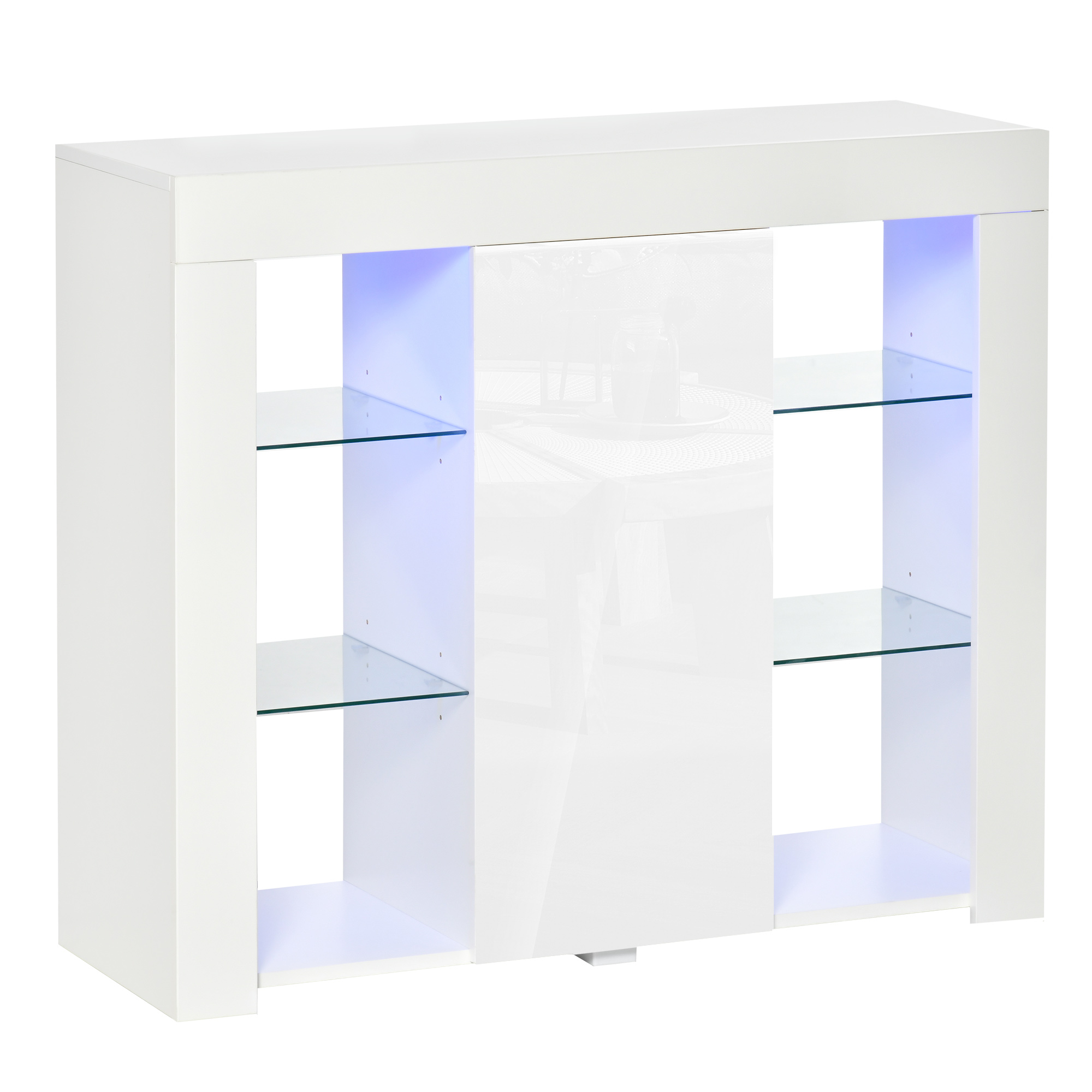 HOMCOM Bufet Modern cu Usa si Lumini LED cu Finisaj Lucios si Rafturi din Sticla, Dulap Mutifunctional 97x35x83cm, Alb Modern HOMCOM Bufet Modern cu Usa si Lumini LED cu Finisaj Lucios si Rafturi din Sticla, Dulap Mutifunctional 97x35x83cm, Alb Modern