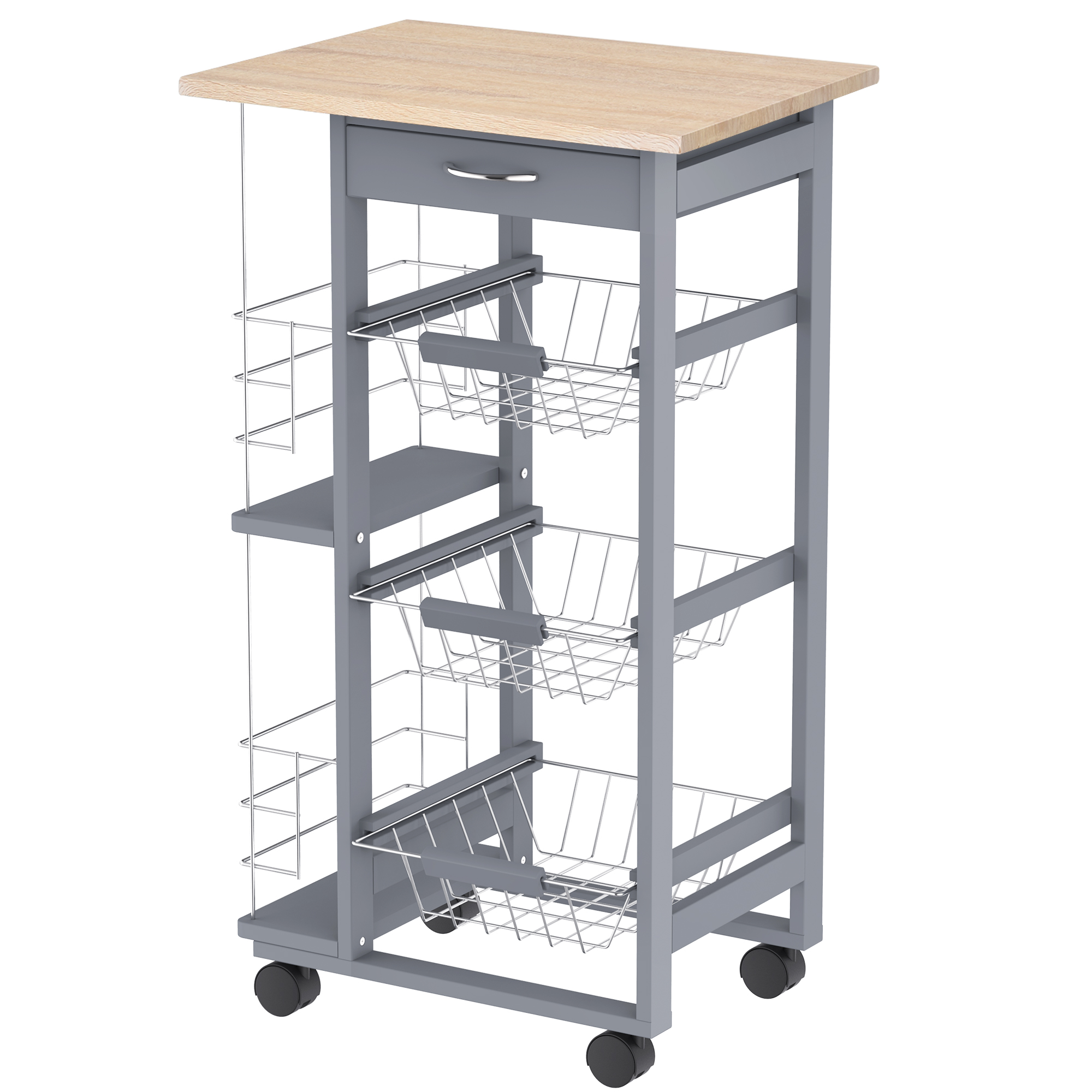 HOMCOM Carucior Bucatarie Multifunctional cu 3 Sertare Detasabile 2 Suporturi Sticle Lemn de Pin Metal 47x37x83cm Stejar Gri | Aosom Romania HOMCOM Carucior Bucatarie Multifunctional cu 3 Sertare Detasabile 2 Suporturi Sticle Lemn de Pin Metal 47x37x83cm Stejar Gri | Aosom Romania