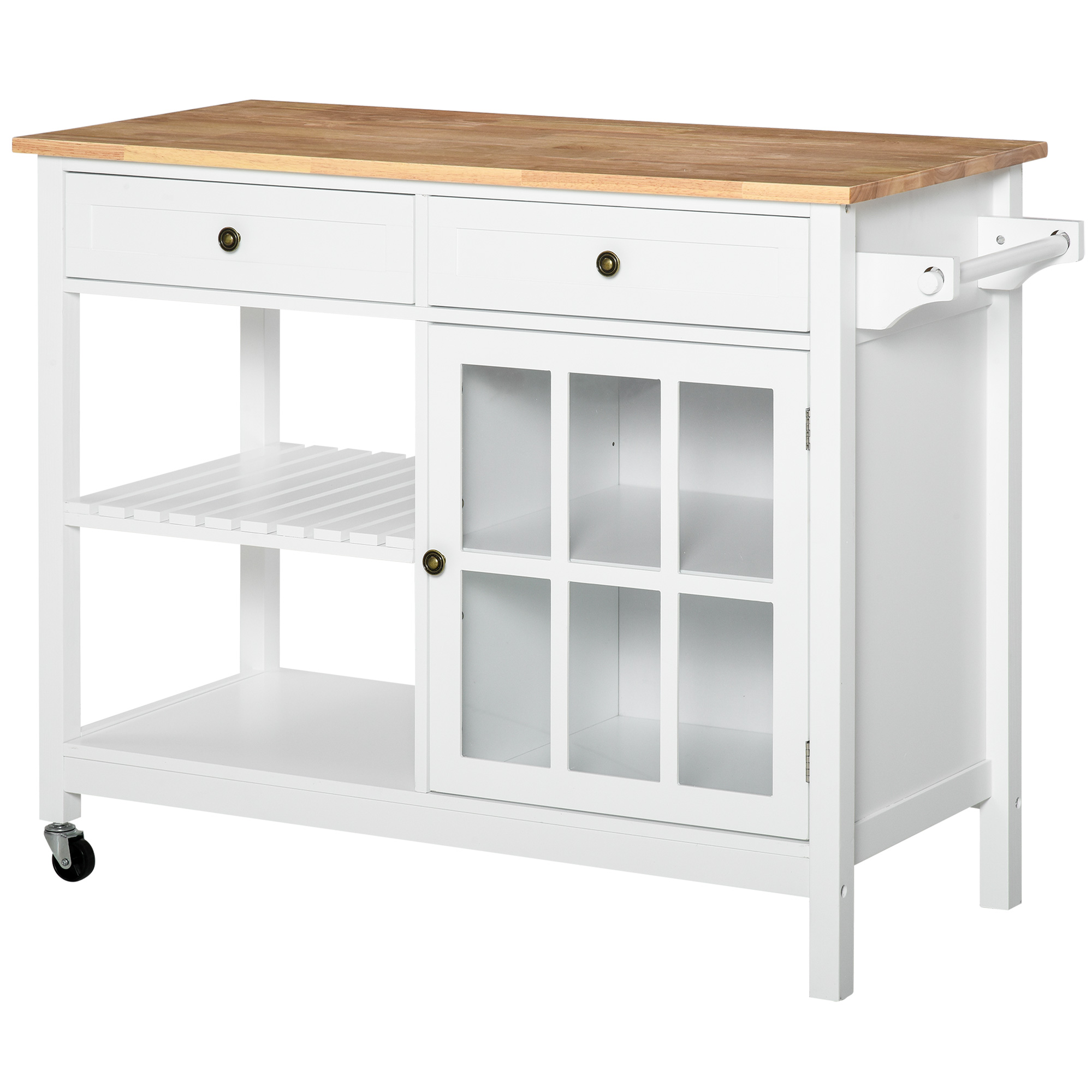 HOMCOM Carucior de Bucatarie din Lemn pentru Alimente si Ustensile, 2 Roti, Sertare si Polite, Multifunctional, Alb, 116,5x48x86,5cm | Aosom RO HOMCOM Carucior de Bucatarie din Lemn pentru Alimente si Ustensile, 2 Roti, Sertare si Polite, Multifunctional, Alb, 116,5x48x86,5cm | Aosom RO