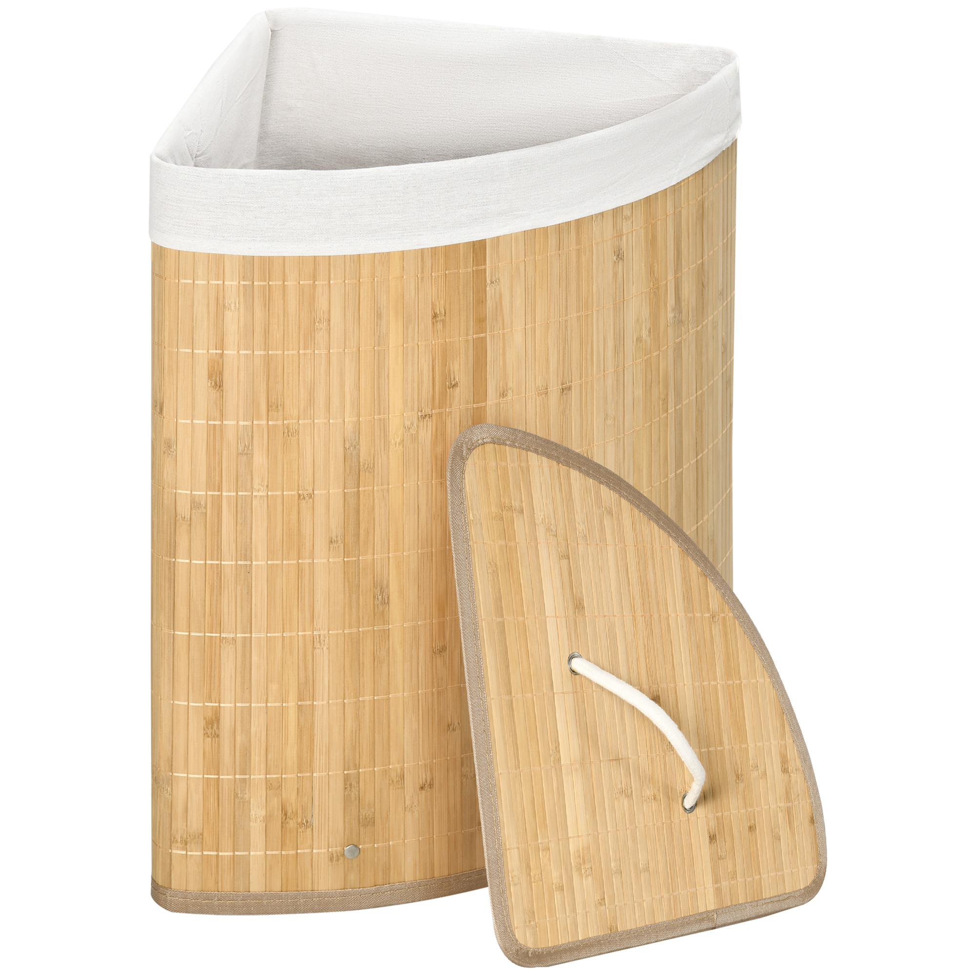 HOMCOM Coș de Rufe din Bambus cu Capac, Design Triunghiular Economisitor de Spațiu, 38x38x57 cm, Culoare Lemn | Aosom Romania HOMCOM Coș de Rufe din Bambus cu Capac, Design Triunghiular Economisitor de Spațiu, 38x38x57 cm, Culoare Lemn | Aosom Romania