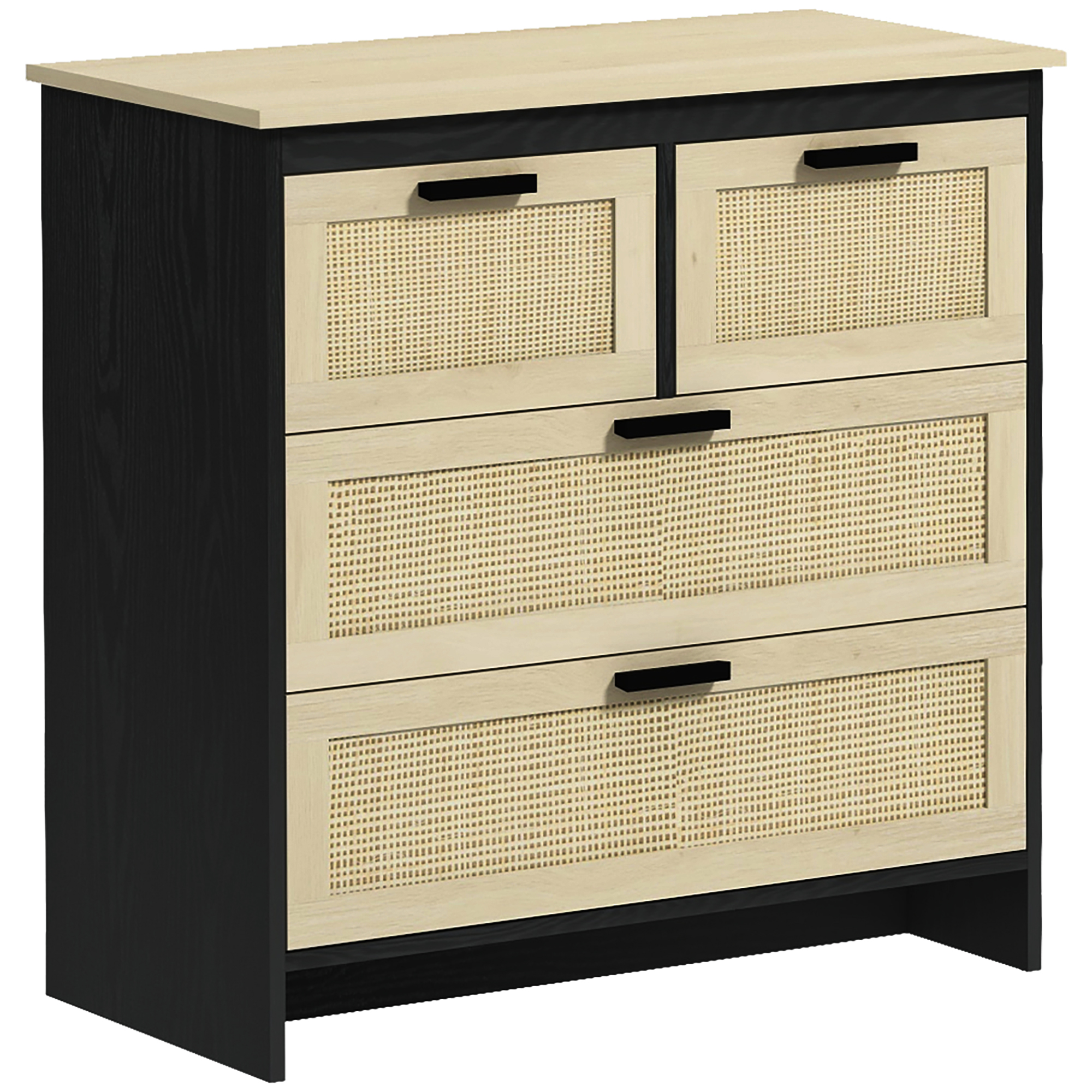 HOMCOM Comodă 4 Sertare, Mobilier Sufragerie/Dormitor, PAL și Ratan, 80x38x80cm, Negru/Lemn Natural | Aosom Romania HOMCOM Comodă 4 Sertare, Mobilier Sufragerie/Dormitor, PAL și Ratan, 80x38x80cm, Negru/Lemn Natural | Aosom Romania