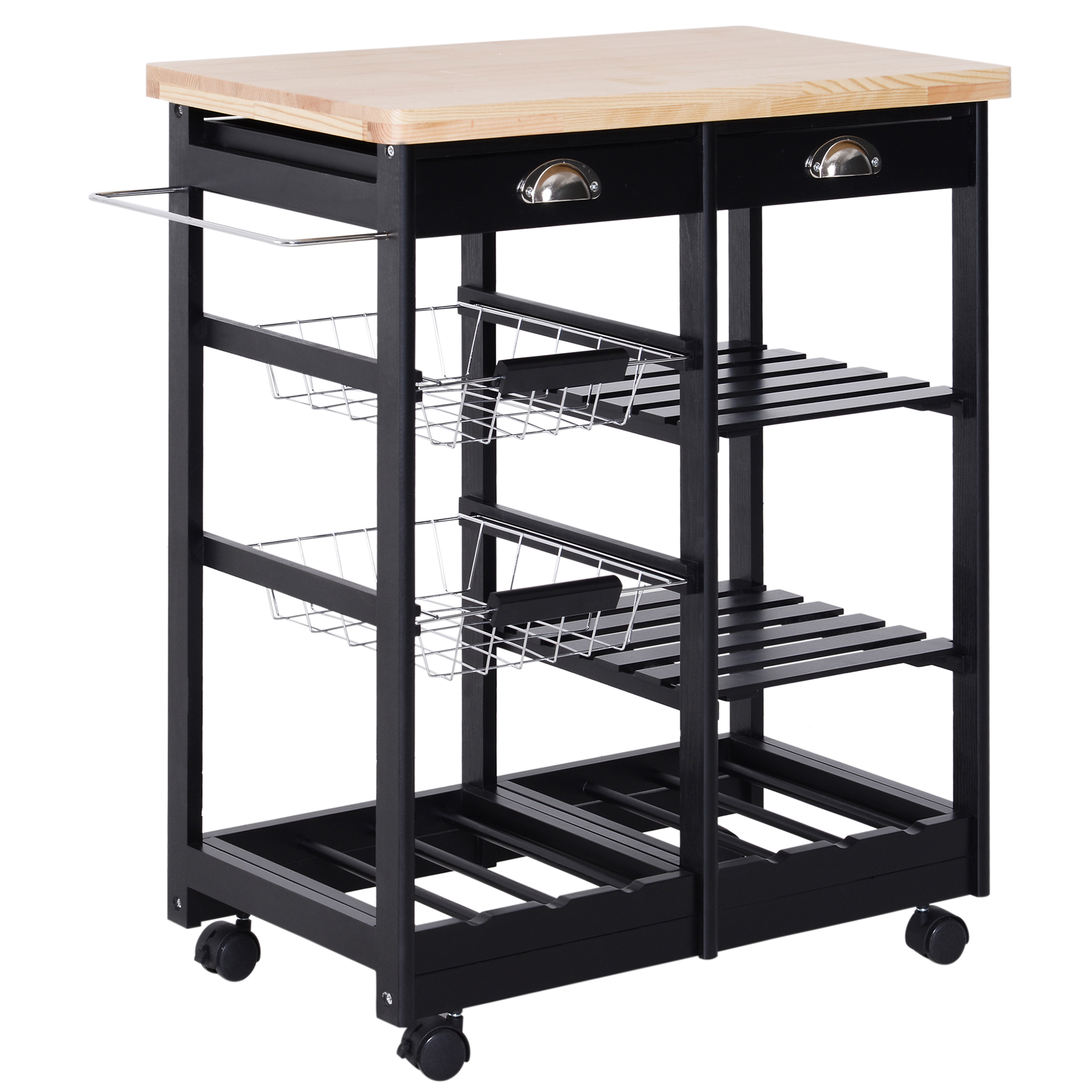 HOMCOM Cărucior de Bucătărie cu Sertare și Raft pentru Sticle Design Modern în Lemn și Negru | Aosom Romania HOMCOM Cărucior de Bucătărie cu Sertare și Raft pentru Sticle Design Modern în Lemn și Negru | Aosom Romania