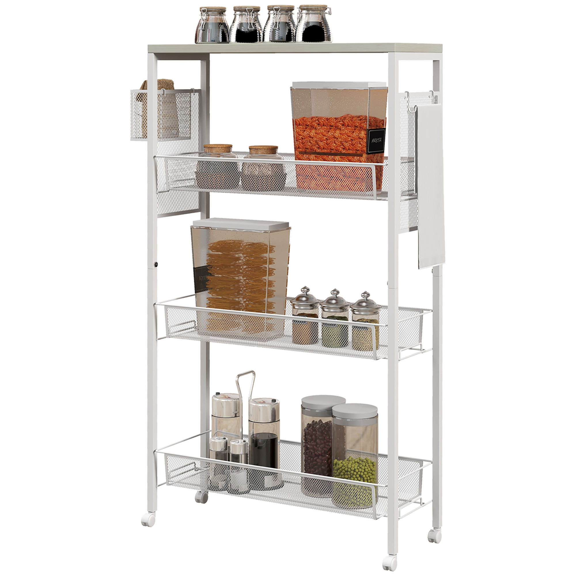 HOMCOM Cărucior de Bucătărie Multifuncțional cu 3 Nivele pe Roți 3 Coșuri din Sârmă de Oțel Carlig Alb 58x18.5x87cm | Aosom Romania HOMCOM Cărucior de Bucătărie Multifuncțional cu 3 Nivele pe Roți 3 Coșuri din Sârmă de Oțel Carlig Alb 58x18.5x87cm | Aosom Romania