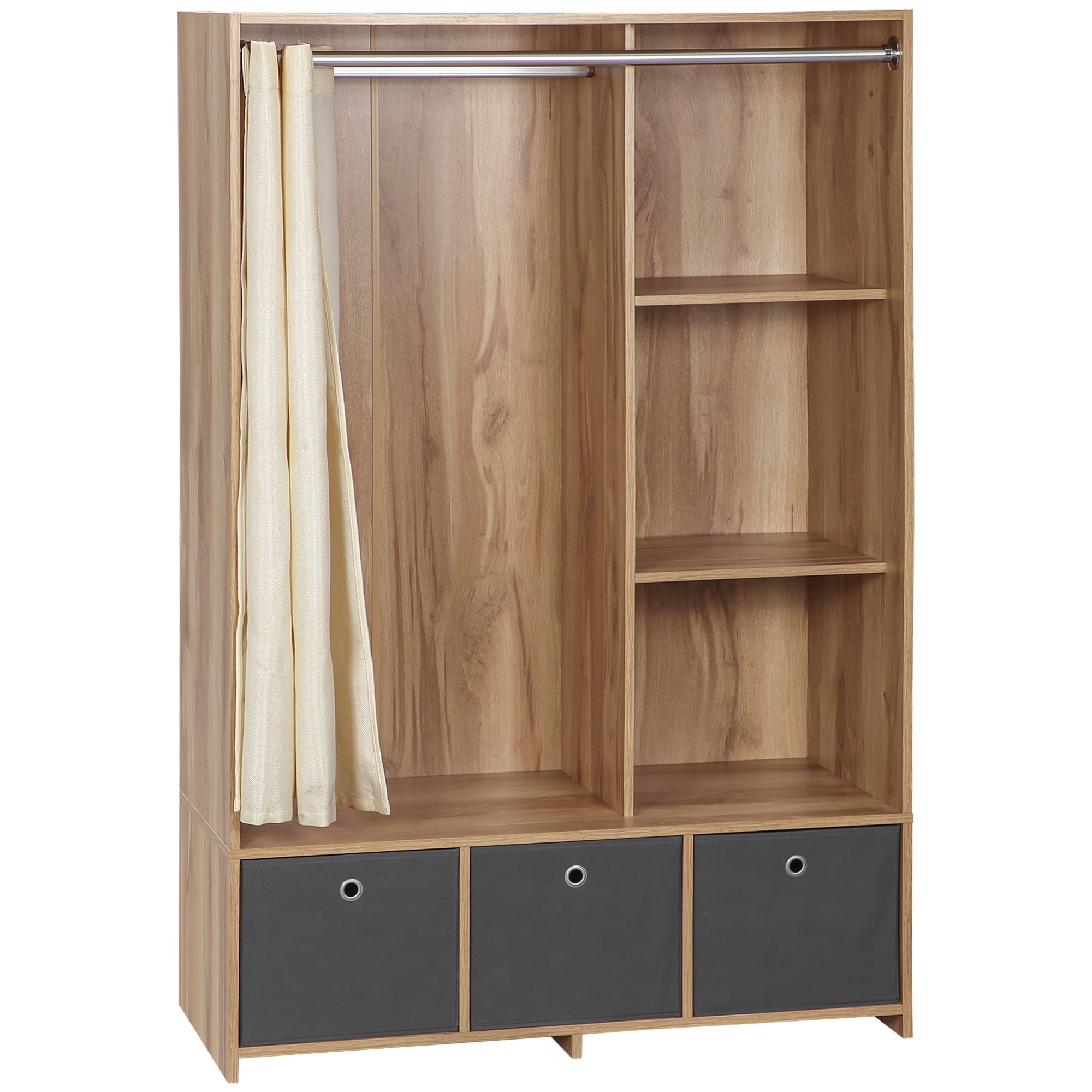 HOMCOM Dulap din PAL cu Sină pentru Agățat, 3 Sertare din Țesătură cu Aspect de In și 3 Rafturi, 105x48x160 cm | Aosom Romania HOMCOM Dulap din PAL cu Sină pentru Agățat, 3 Sertare din Țesătură cu Aspect de In și 3 Rafturi, 105x48x160 cm | Aosom Romania