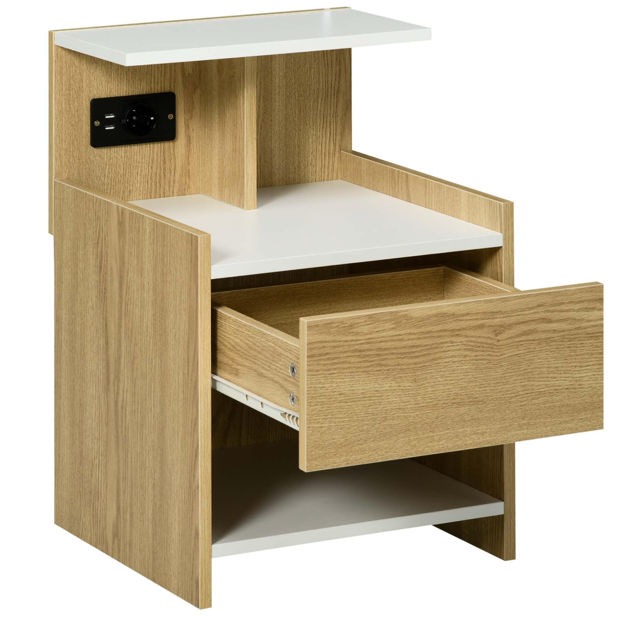 HOMCOM Noptieră Modernă cu Prize USB, Sertar, PAL, 40x40x60cm, Lemn Natural | Aosom Romania HOMCOM Noptieră Modernă cu Prize USB, Sertar, PAL, 40x40x60cm, Lemn Natural | Aosom Romania