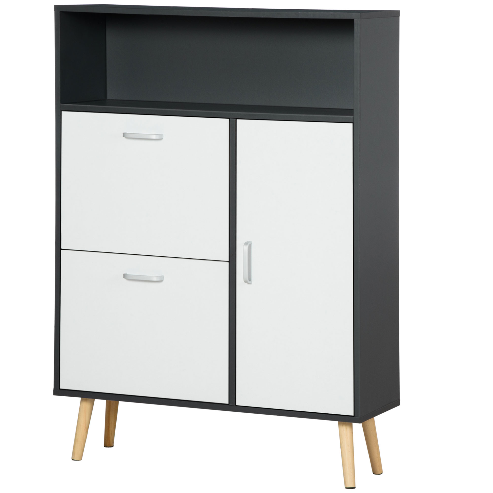 HOMCOM Pantofar Spațios cu 2 Uși Rabatabile și Raft Deschis, Design Modern, Gri și Alb | Aosom Romania HOMCOM Pantofar Spațios cu 2 Uși Rabatabile și Raft Deschis, Design Modern, Gri și Alb | Aosom Romania