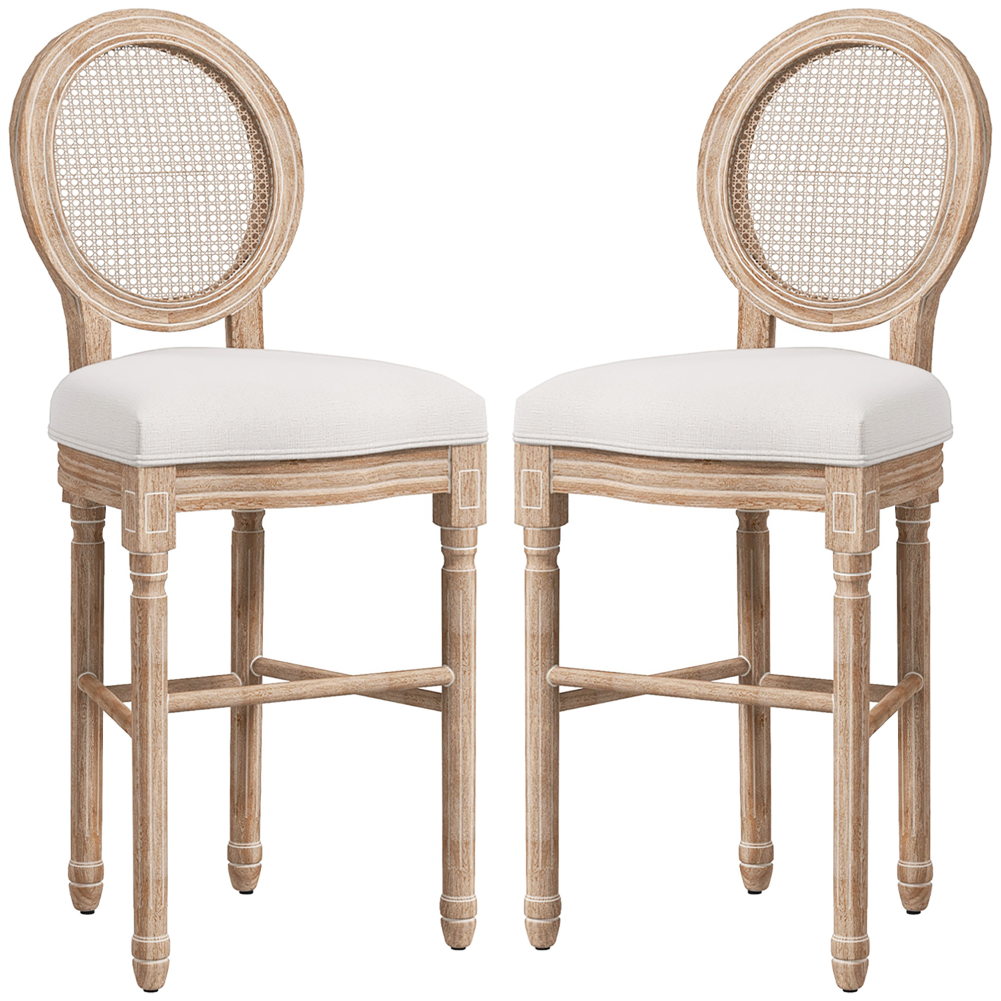 HOMCOM Set 2 Scaune de Bar Stil Franțuzesc, Tapițate cu Lin și Spătar din Ratan, pentru Bucătărie, 48x56x118 cm, Alb Cremos | Aosom Romania HOMCOM Set 2 Scaune de Bar Stil Franțuzesc, Tapițate cu Lin și Spătar din Ratan, pentru Bucătărie, 48x56x118 cm, Alb Cremos | Aosom Romania