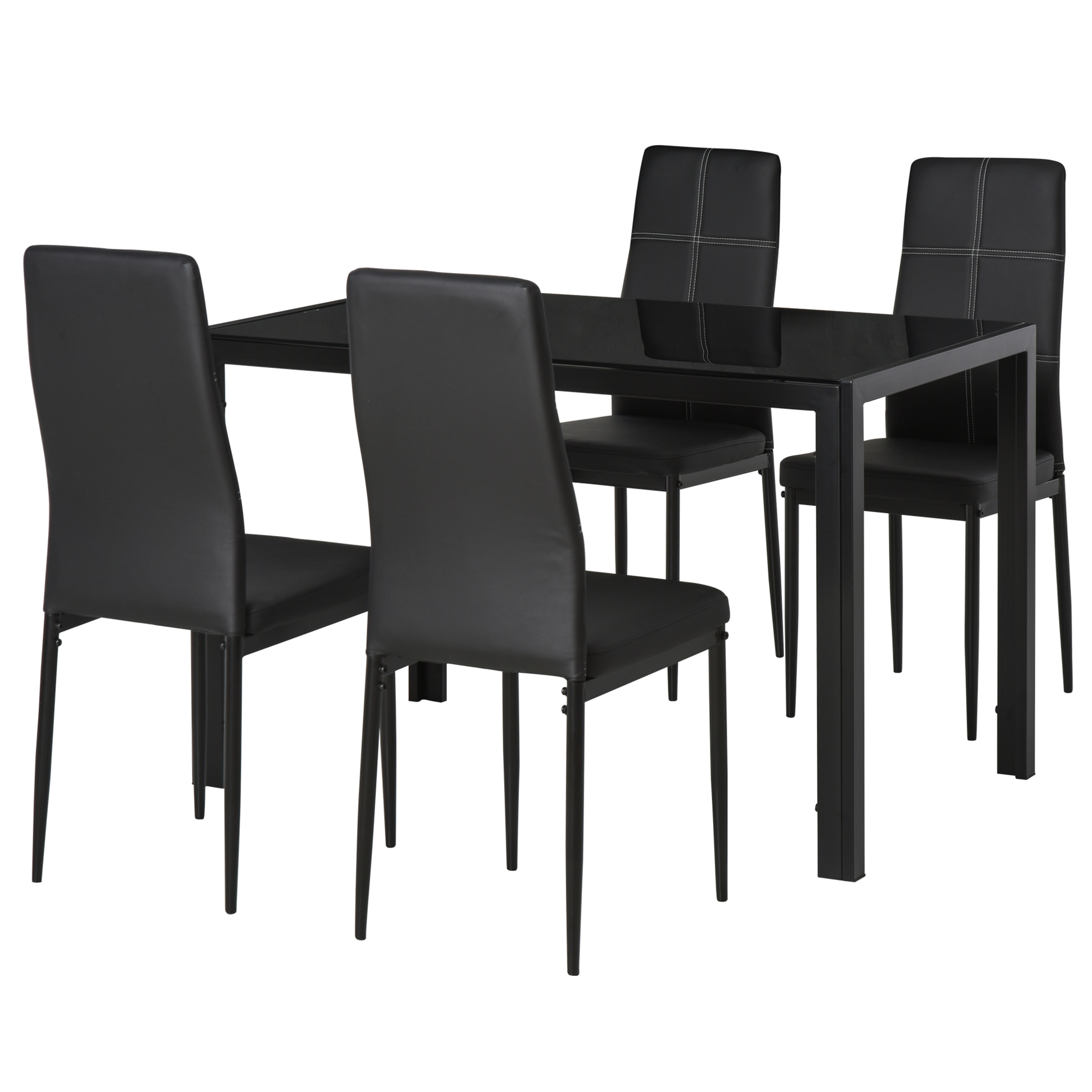 Homcom Set Masa de Luat Masa cu 4 Scaune Tapitate, Design Modern pentru Sala de Mese, Metal Sticlă PU, Negru | Aosom Romania Homcom Set Masa de Luat Masa cu 4 Scaune Tapitate, Design Modern pentru Sala de Mese, Metal Sticlă PU, Negru | Aosom Romania