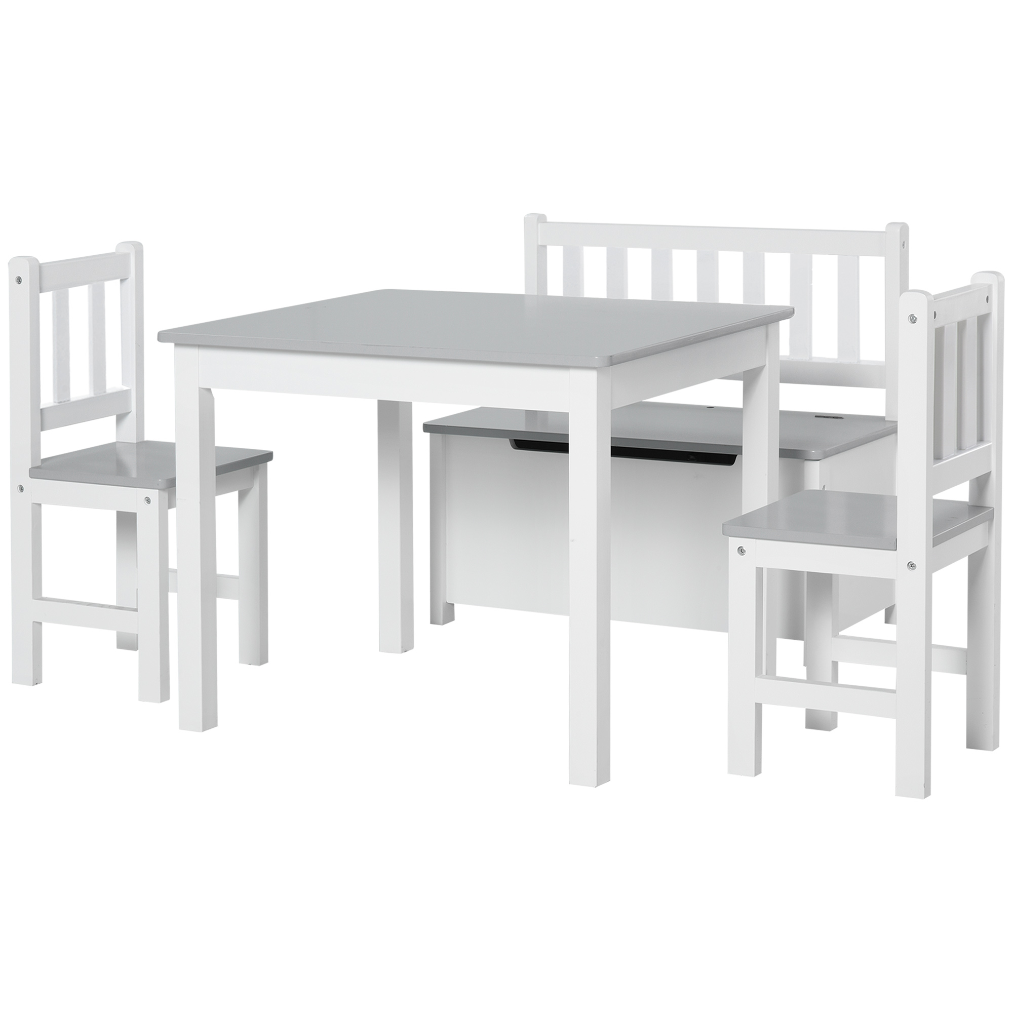 HOMCOM Set Mobilier pentru Copii 4 Piese, Masă, 2 Scaune, Bancă Depozitare, Lemn Multifuncțional, Alb și Gri | Aosom Romania HOMCOM Set Mobilier pentru Copii 4 Piese, Masă, 2 Scaune, Bancă Depozitare, Lemn Multifuncțional, Alb și Gri | Aosom Romania