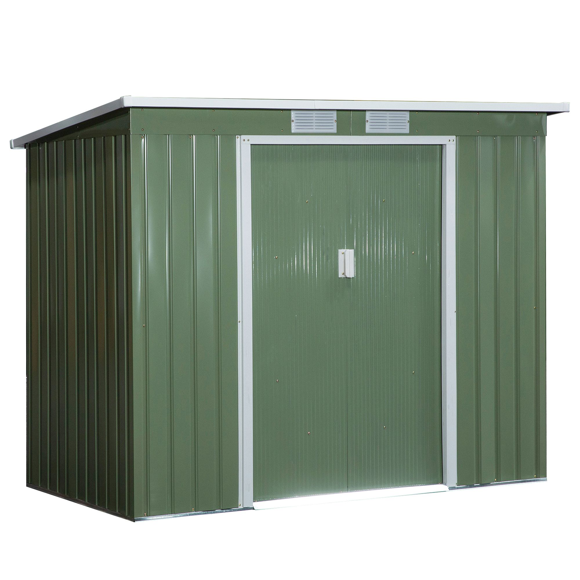 Outsunny Casuta de gradina din otel cu acoperis inclinat, usa glisanta dubla si orificii de aerisire, 213x130x173 cm | AOSOM RO Outsunny Casuta de gradina din otel cu acoperis inclinat, usa glisanta dubla si orificii de aerisire, 213x130x173 cm | AOSOM RO