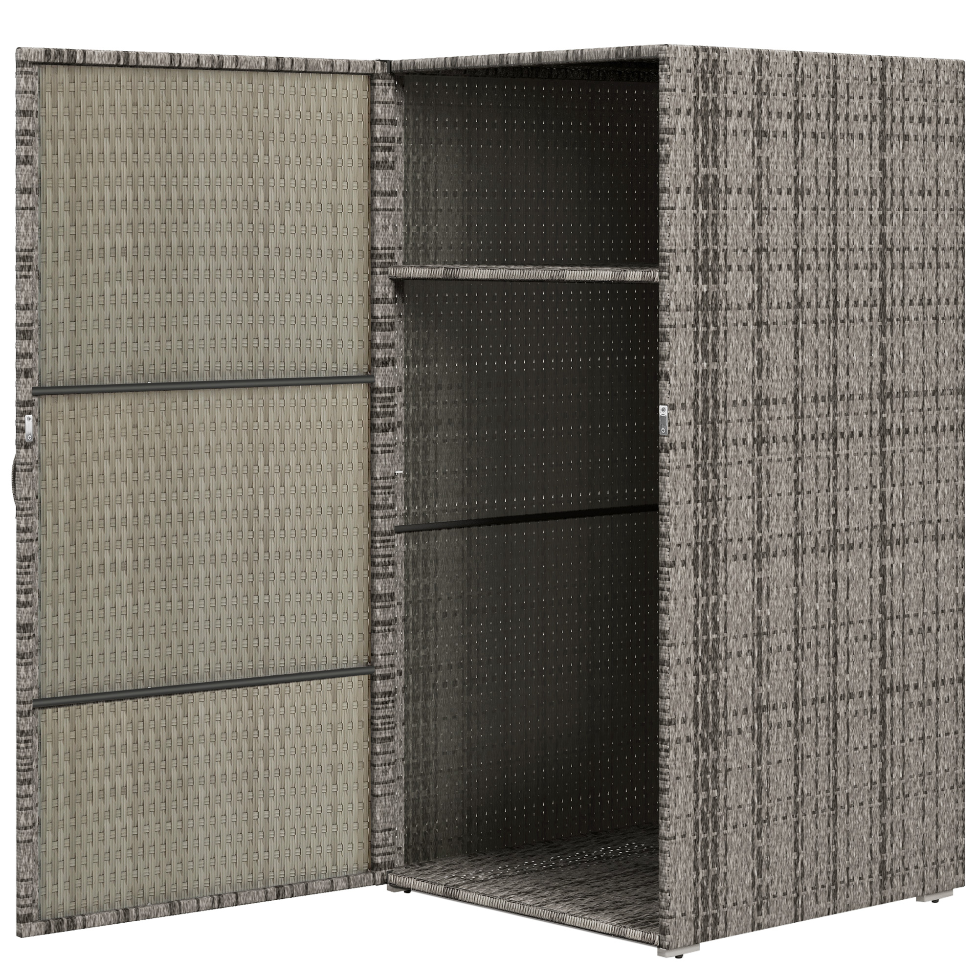Outsunny Dulap de Depozitare din Ratan PE cu Usa pentru Exterior, Dulap de Depozitare Accesorii Independent Impermeabil, Gri Outsunny Dulap de Depozitare din Ratan PE cu Usa pentru Exterior, Dulap de Depozitare Accesorii Independent Impermeabil, Gri