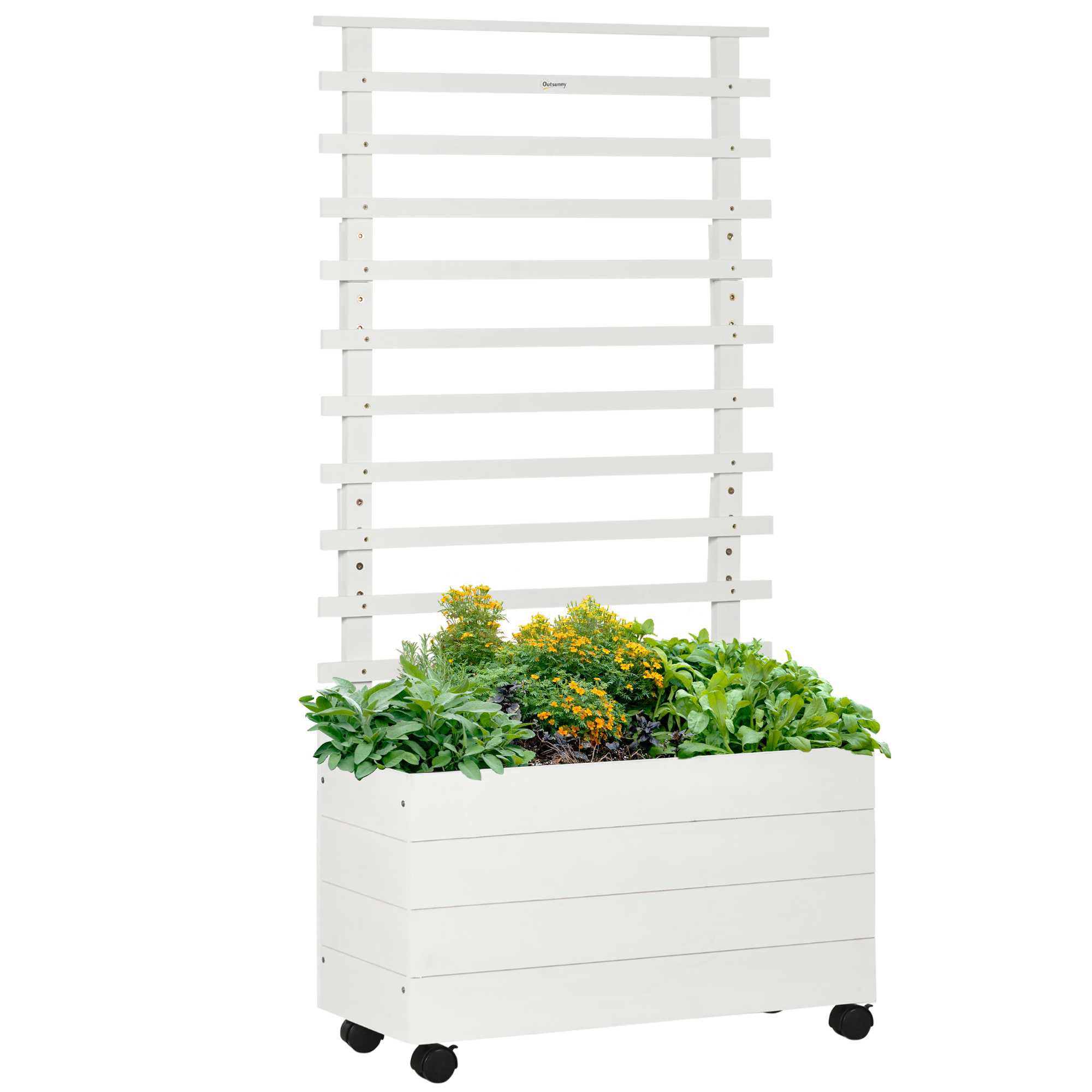 Outsunny Jardinieră Verticală Mobilă cu Suport pentru Plante Cățărătoare, din Lemn de Brad, 4 Roți, 76x30x155 cm, Alb | Aosom Romania Outsunny Jardinieră Verticală Mobilă cu Suport pentru Plante Cățărătoare, din Lemn de Brad, 4 Roți, 76x30x155 cm, Alb | Aosom Romania