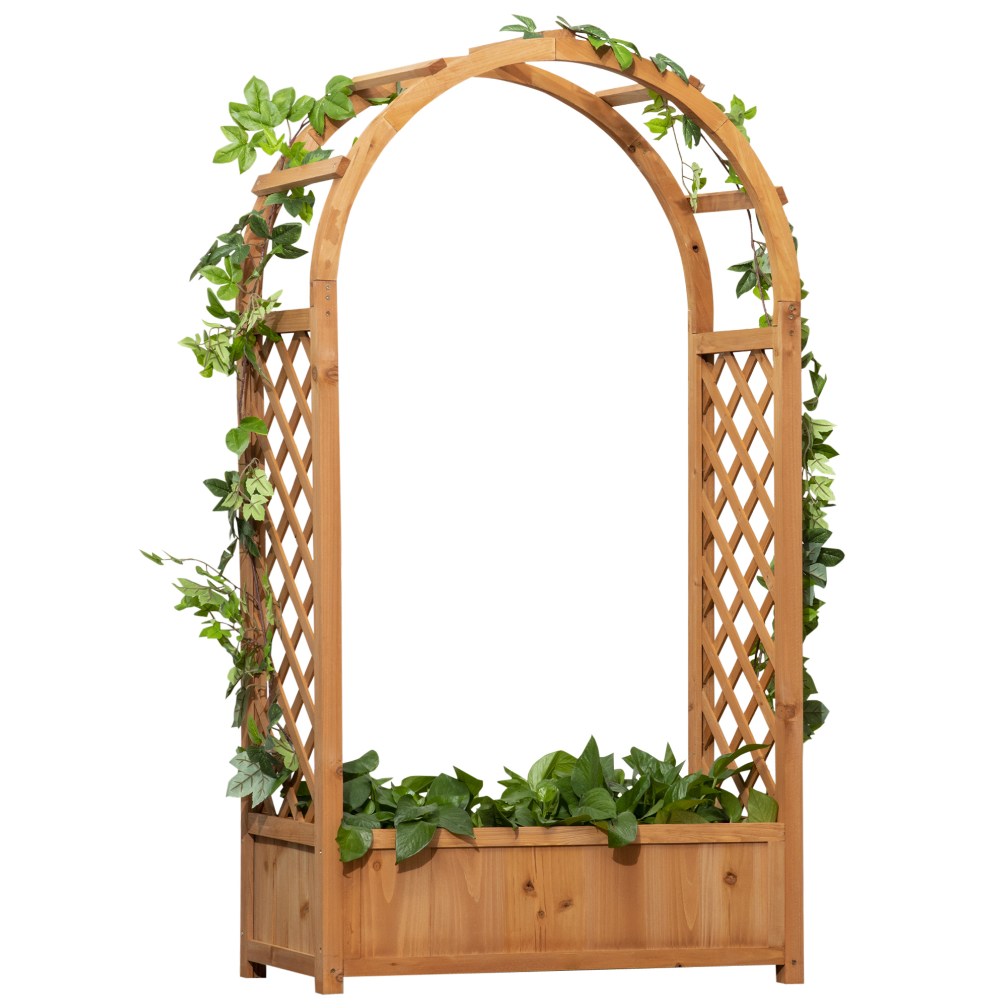 Outsunny Jardiniera de exterior din lemn de brad maro cu arc decorativ si grile pentru plante cataratoare, 83x36x152cm | AOSOM RO Outsunny Jardiniera de exterior din lemn de brad maro cu arc decorativ si grile pentru plante cataratoare, 83x36x152cm | AOSOM RO