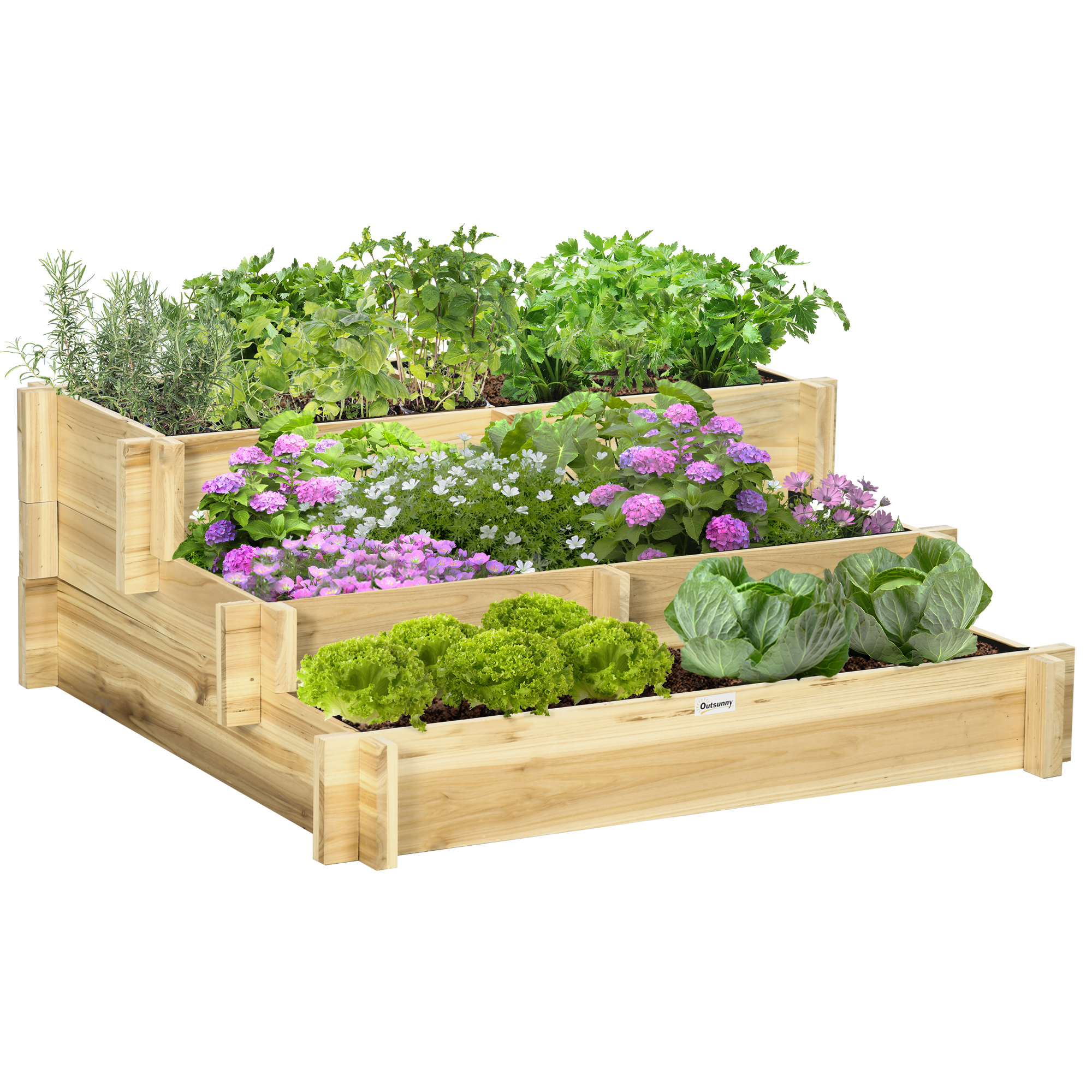 Outsunny Jardiniera pentru plan de cultivare inaltat pe 3 niveluri din lemn de brad, culoare lemnului, 93x93x35 cm | AOSOM RO Outsunny Jardiniera pentru plan de cultivare inaltat pe 3 niveluri din lemn de brad, culoare lemnului, 93x93x35 cm | AOSOM RO