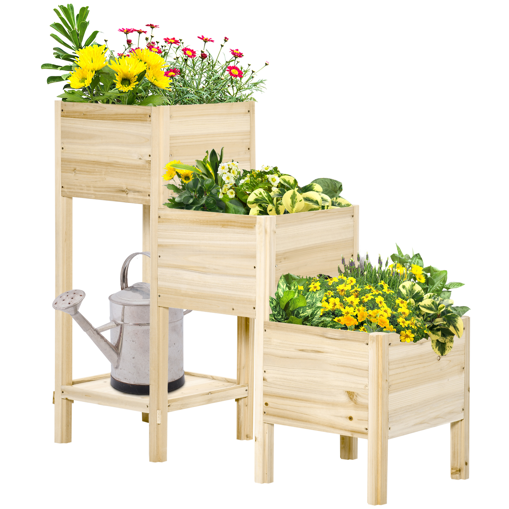 Outsunny Pat de Gradina Inaltat pe 3 nivele cu Raft de Depozitare, Cutii de Plantare Inaltate din Lemn, Suport de Plante, Legume, flori | Aosom RO Outsunny Pat de Gradina Inaltat pe 3 nivele cu Raft de Depozitare, Cutii de Plantare Inaltate din Lemn, Suport de Plante, Legume, flori | Aosom RO