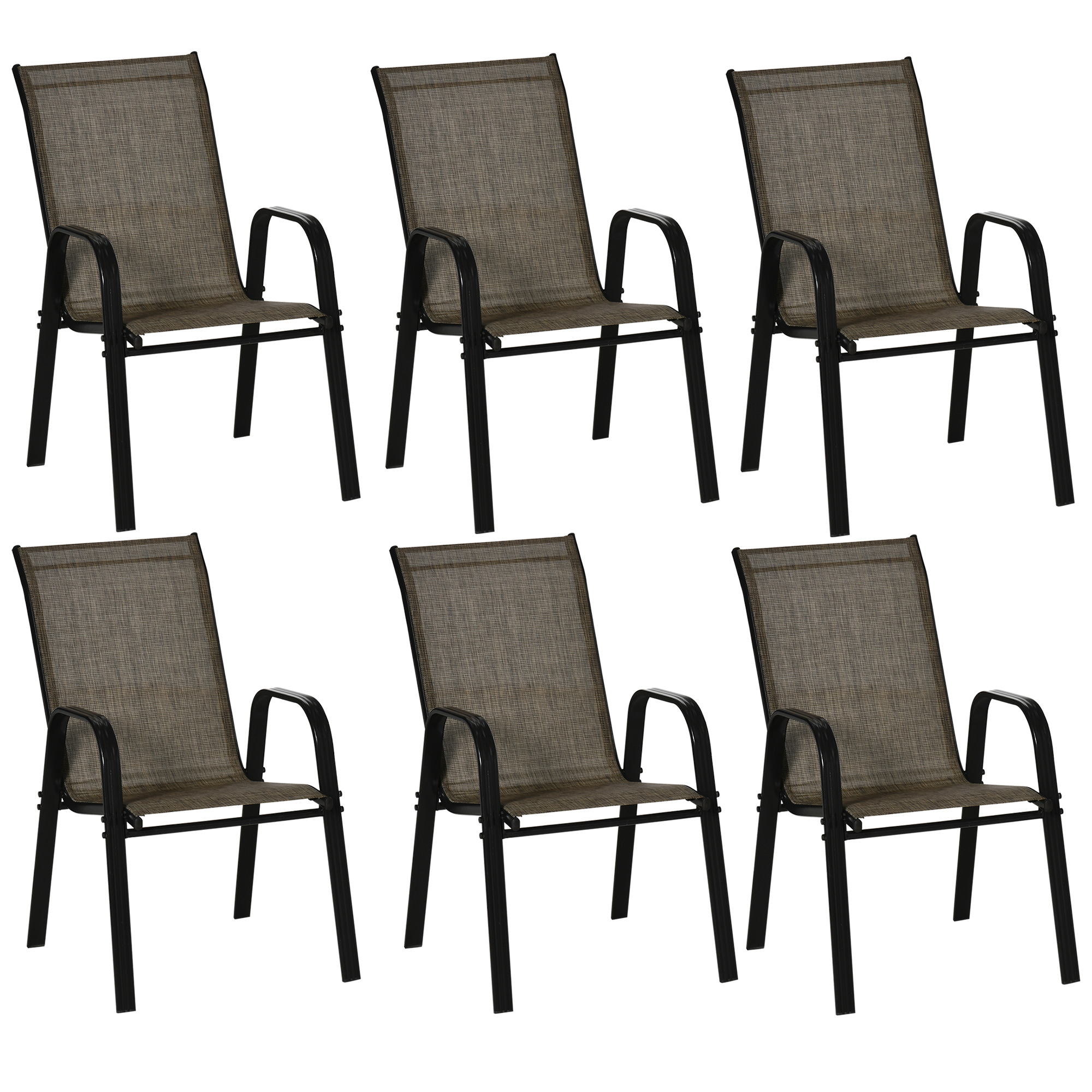 Outsunny Set 6 Piese Scaune de Gradina cu Cotiere, Scaune de Exterior Stivuibile din Metal si Tesatura Respirabila, Maro Outsunny Set 6 Piese Scaune de Gradina cu Cotiere, Scaune de Exterior Stivuibile din Metal si Tesatura Respirabila, Maro