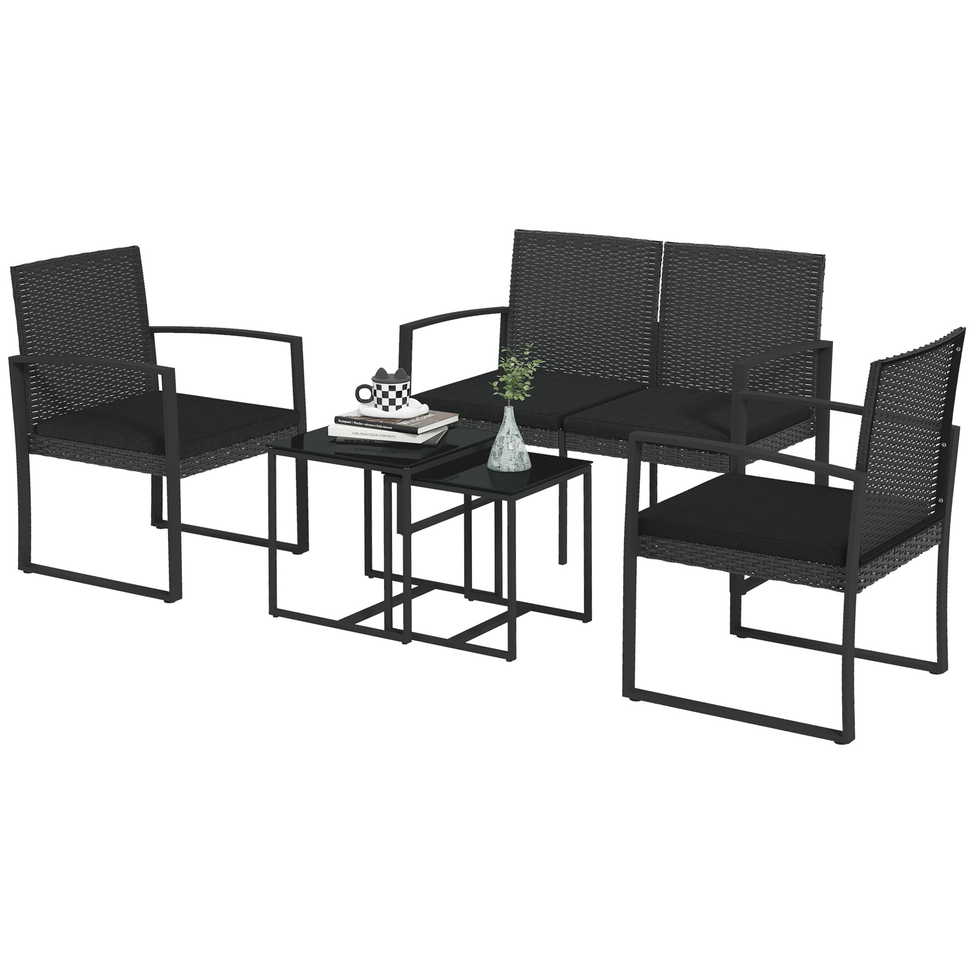 Outsunny Set Mobilier de Grădină din Ratan PP 5 Piese, Canapea cu Perne, Set Canapea pentru Exterior, Negru | Aosom Romania Outsunny Set Mobilier de Grădină din Ratan PP 5 Piese, Canapea cu Perne, Set Canapea pentru Exterior, Negru | Aosom Romania