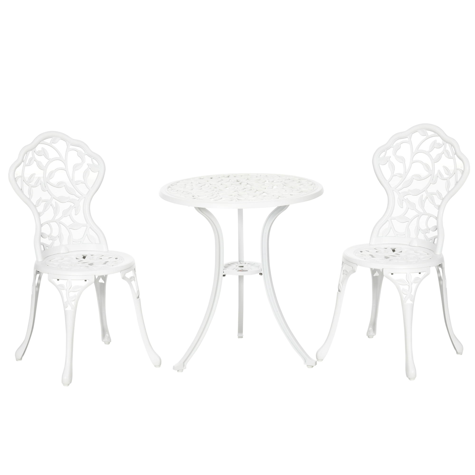 Outsunny Set pentru gradina 3 bucati din aluminiu alb cu design floral, 2 scaune pentru exterior 45x42x85.5 cm si masa rotunda Ø61x66.5 cm | AOSOM RO Outsunny Set pentru gradina 3 bucati din aluminiu alb cu design floral, 2 scaune pentru exterior 45x42x85.5 cm si masa rotunda Ø61x66.5 cm | AOSOM RO