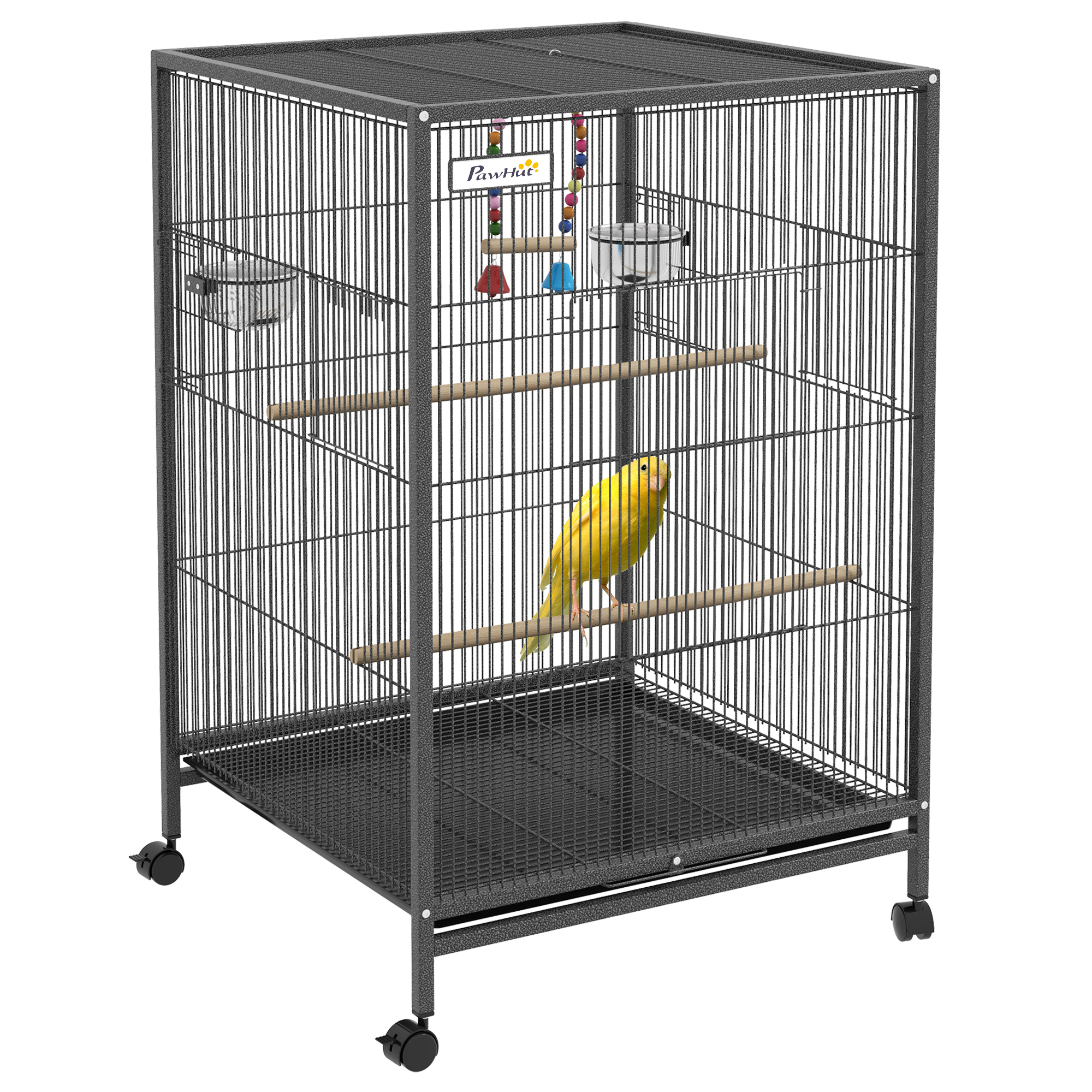 PawHut Colivie de 48x46x74cm pentru Pasari, cu Suport Rulant, Colivie pentru Papagali Perusi Porumbei Mici cu Leagane, Tava Detasabila - Gri PawHut Colivie de 48x46x74cm pentru Pasari, cu Suport Rulant, Colivie pentru Papagali Perusi Porumbei Mici cu Leagane, Tava Detasabila - Gri