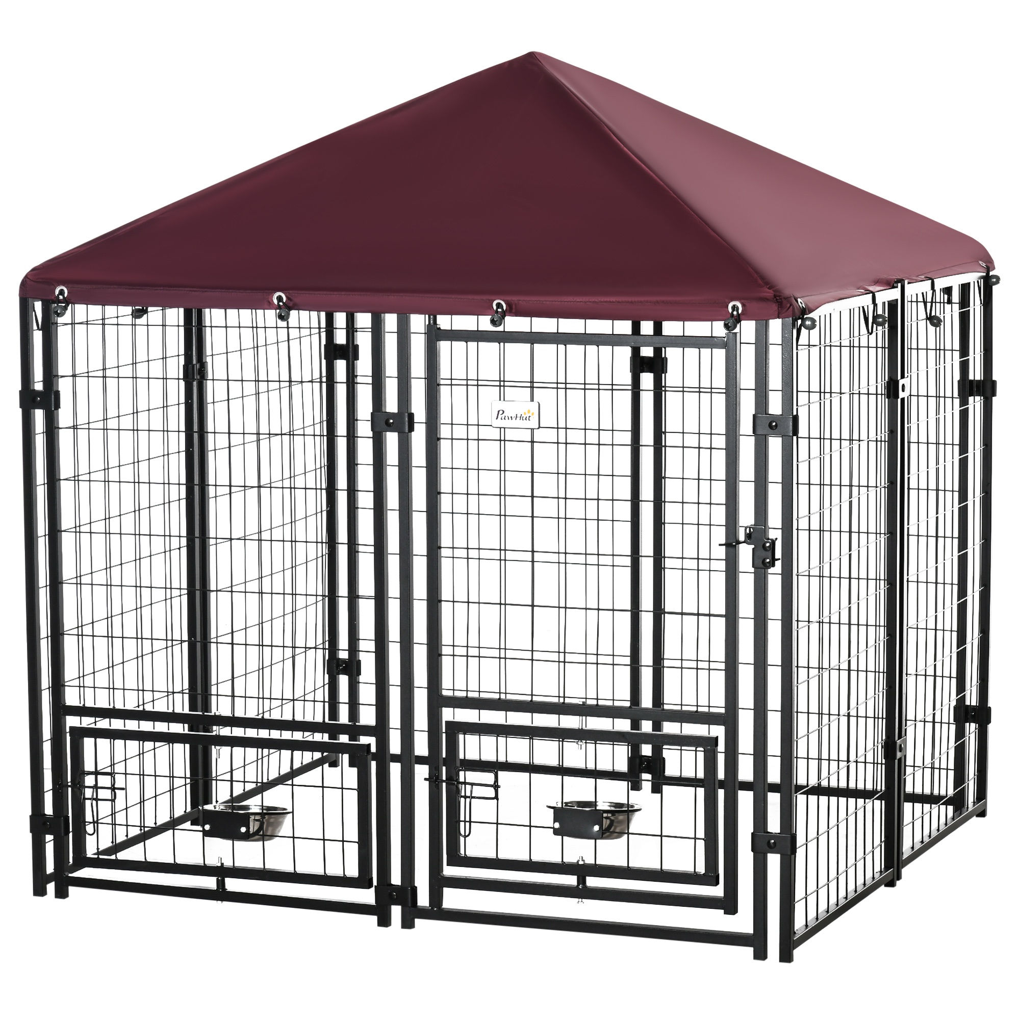 PawHut Cusca Exterior Caini cu Lacăt 2 Boluri Pivotante Acoperiș Detașabil Negru și Roșu Rezistent la Intemperii | Aosom Romania PawHut Cusca Exterior Caini cu Lacăt 2 Boluri Pivotante Acoperiș Detașabil Negru și Roșu Rezistent la Intemperii | Aosom Romania