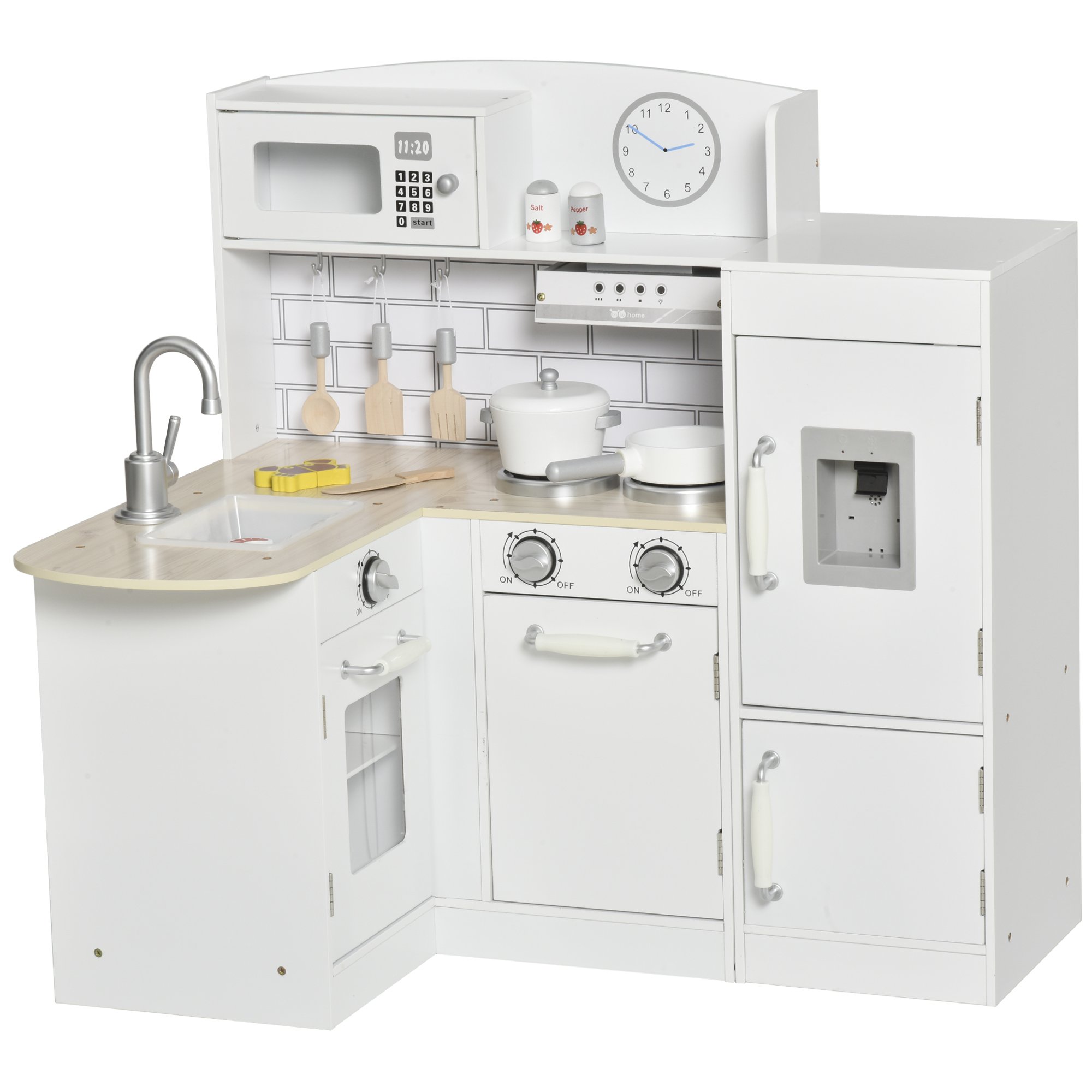 Bucatarie Jucarie HOMCOM din lemn cu 14 Accesorii, Varsta 3+ Ani, 86x64x84.5cm, Alb si Argintiu | Aosom RO Bucatarie Jucarie HOMCOM din lemn cu 14 Accesorii, Varsta 3+ Ani, 86x64x84.5cm, Alb si Argintiu | Aosom RO