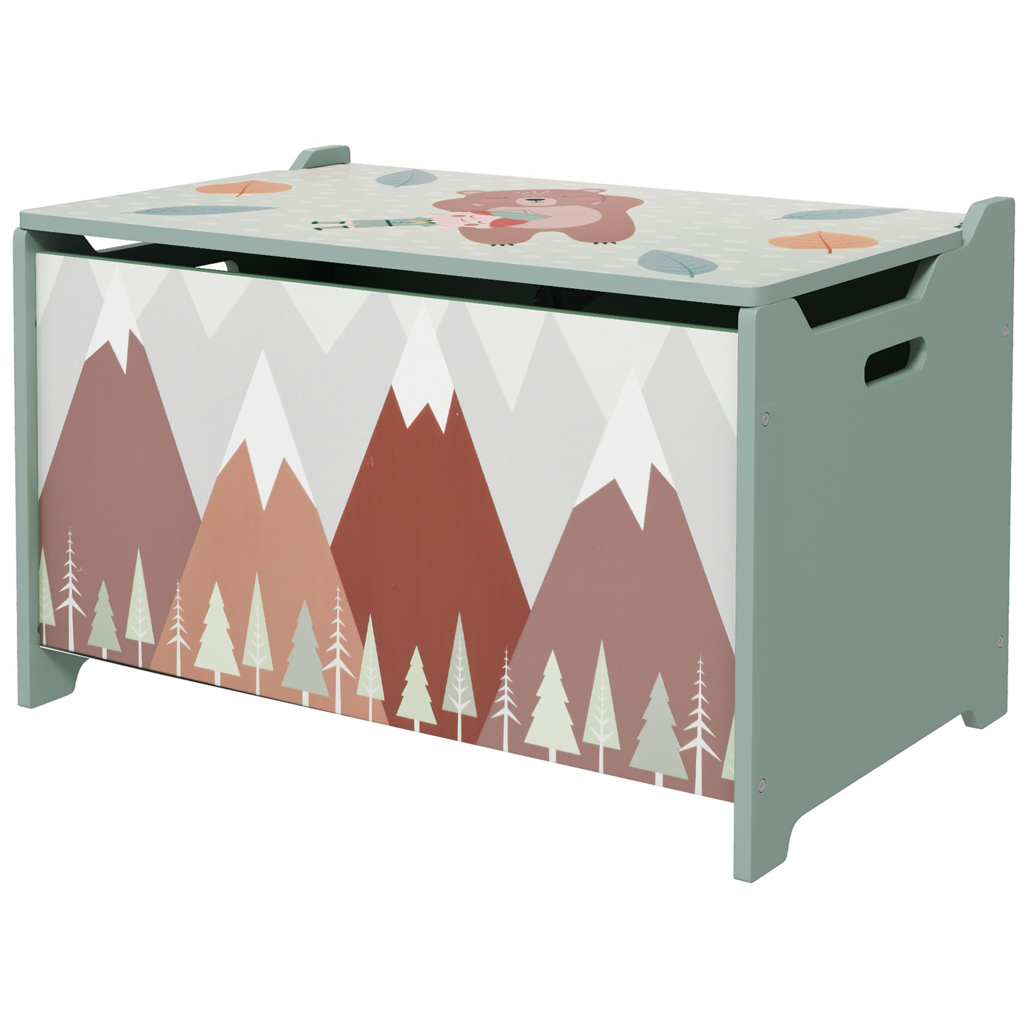 Cufăr de jucării pentru copii ZONEKIZ, ladă din lemn MDF cu capac și balama de siguranță, 60x37x39cm, de culoare verde Cufăr de jucării pentru copii ZONEKIZ, ladă din lemn MDF cu capac și balama de siguranță, 60x37x39cm, de culoare verde