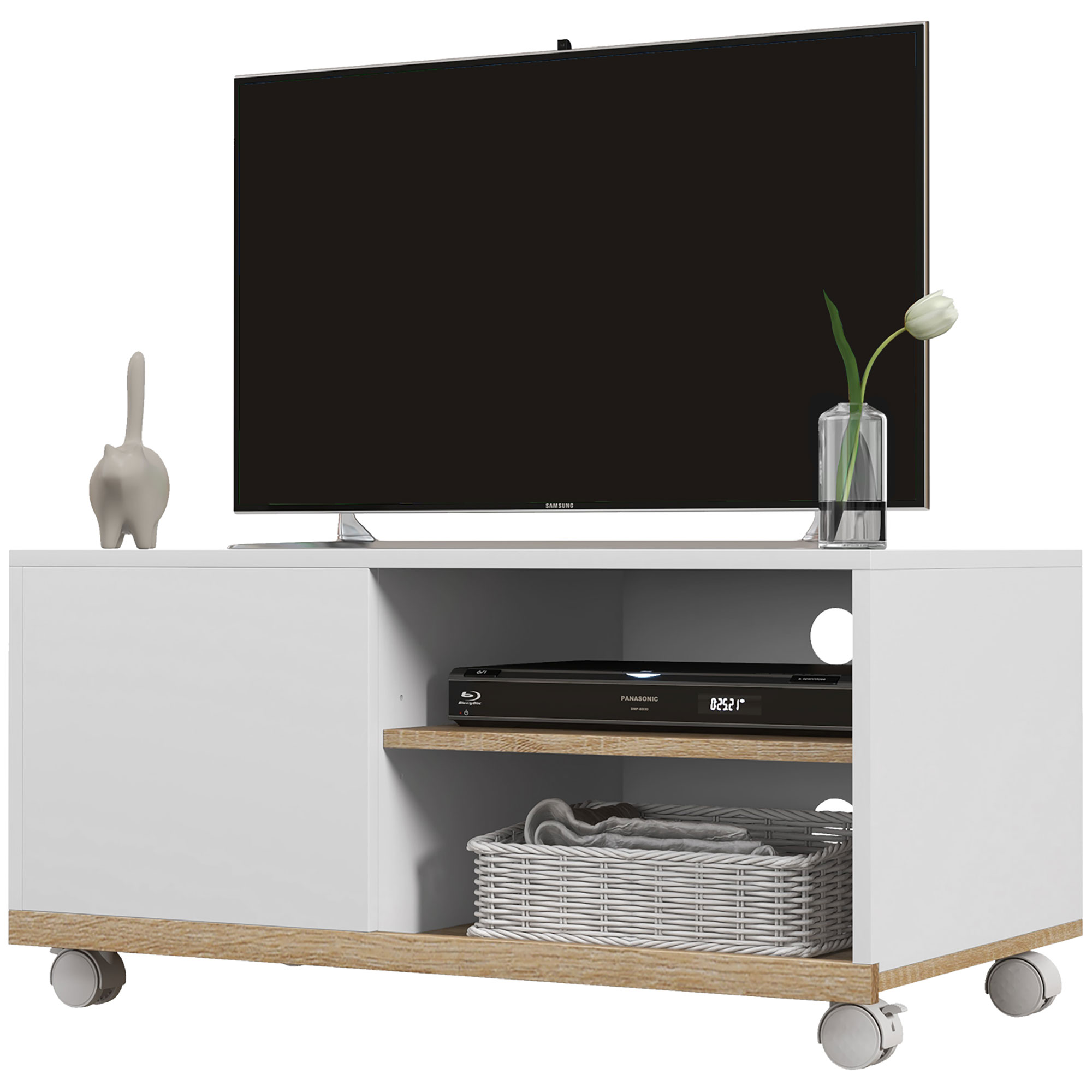 HOMCOM Dulap TV 42" Max cu 2 Rafturi deschise si Usa, Dulap TV Jos din PAL cu Roti, 80x45x39.5 cm, Alb HOMCOM Dulap TV 42" Max cu 2 Rafturi deschise si Usa, Dulap TV Jos din PAL cu Roti, 80x45x39.5 cm, Alb